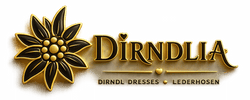 A decorative logo or brand graphic for 'DIRNDLIA' with a large black and gold flower emblem on the left and the brand name in gold lettering on a beige banner against a coral-red background.