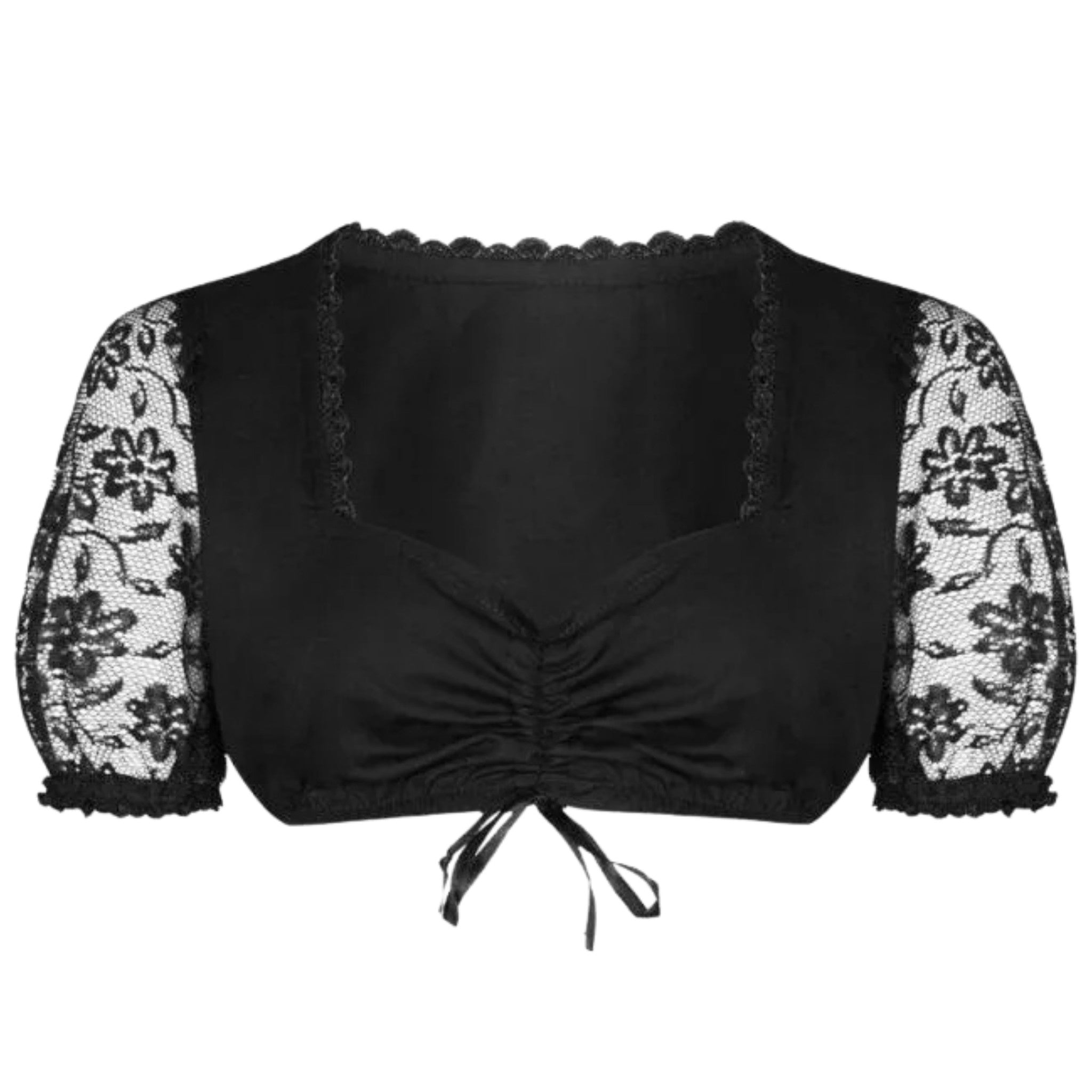 Black Dirndl Blouse with Lace Sleeves, Ruched Tie