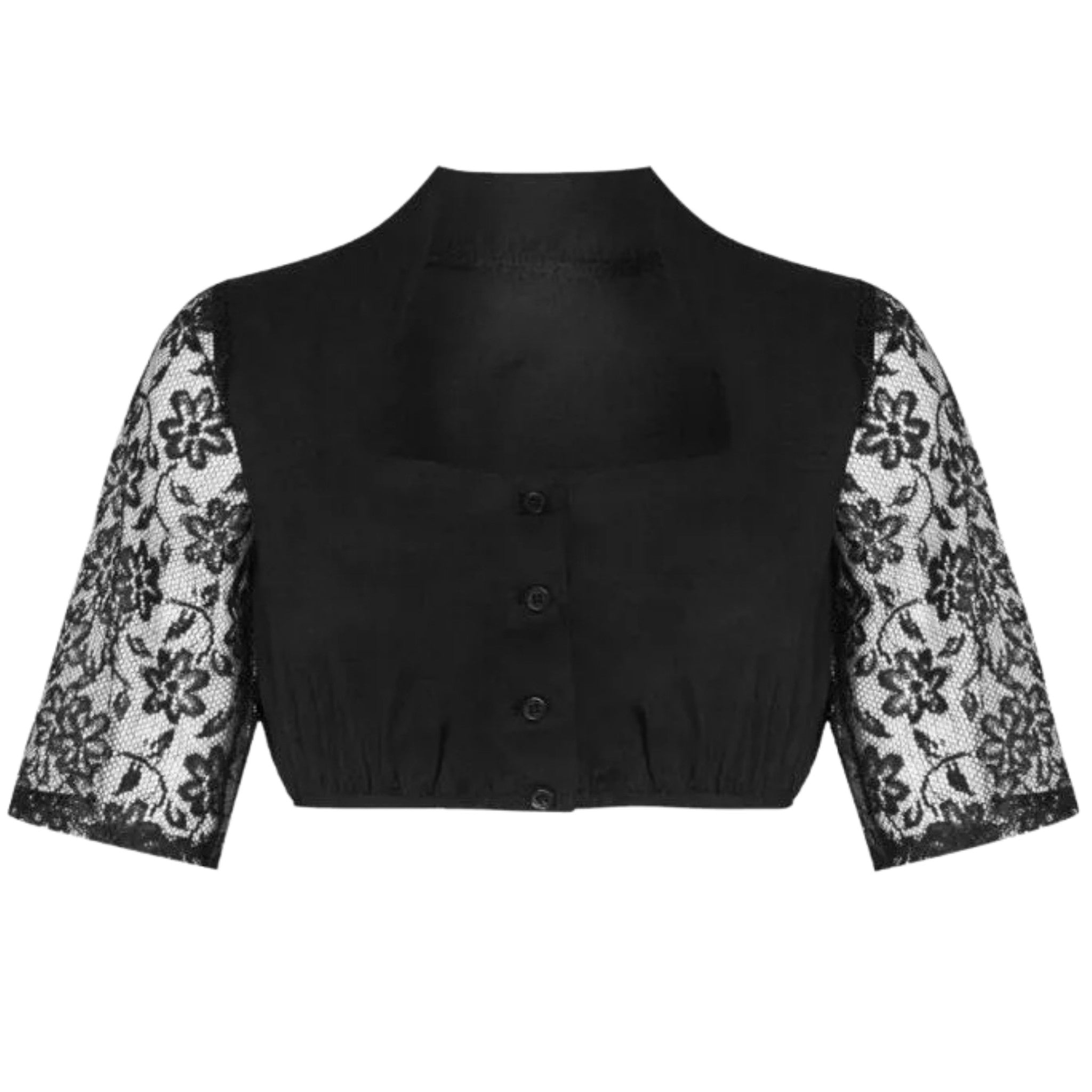 Black Dirndl Blouse, Lace Sleeves, Stand Collar