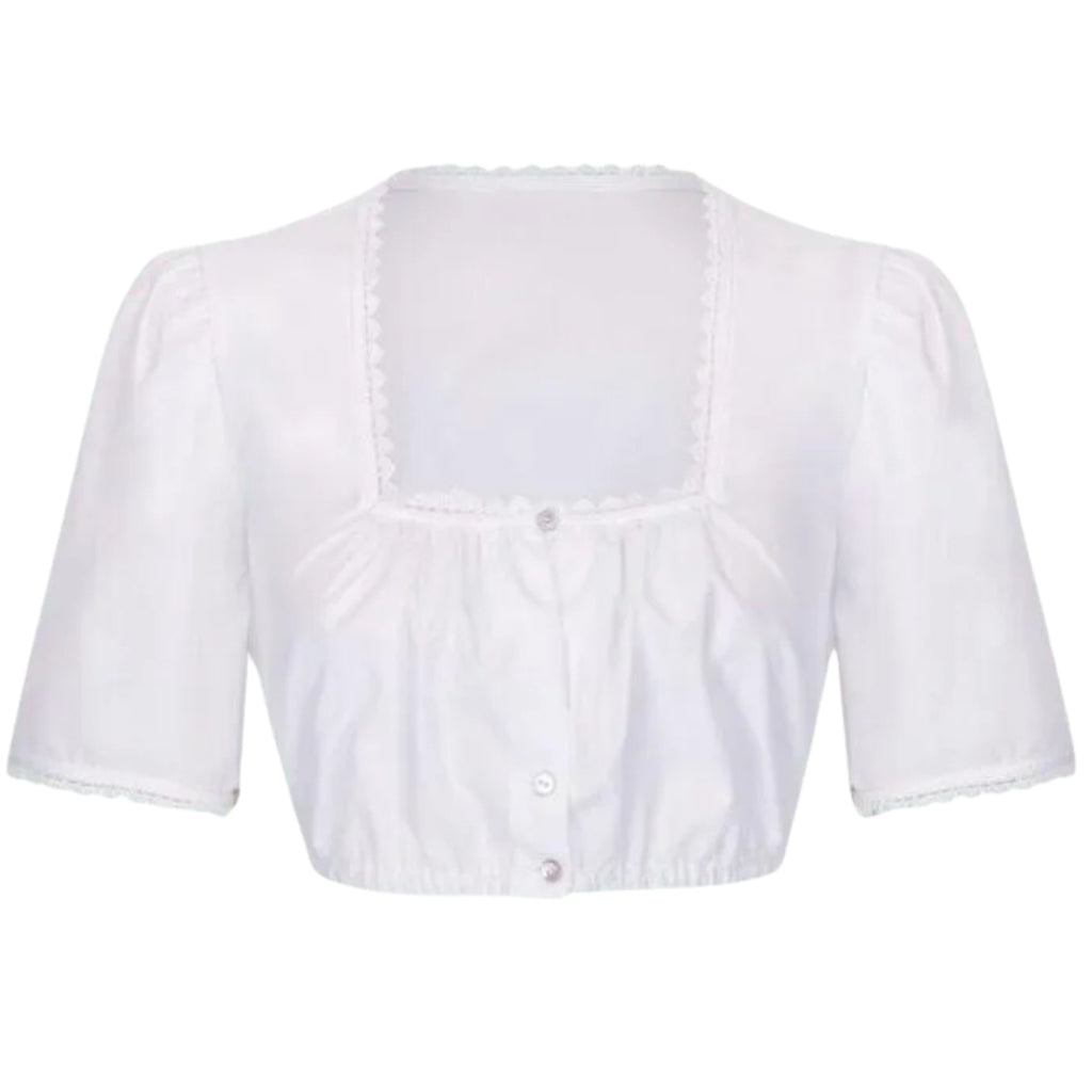 White Dirndl Blouse with Square Neck & Lace Trim