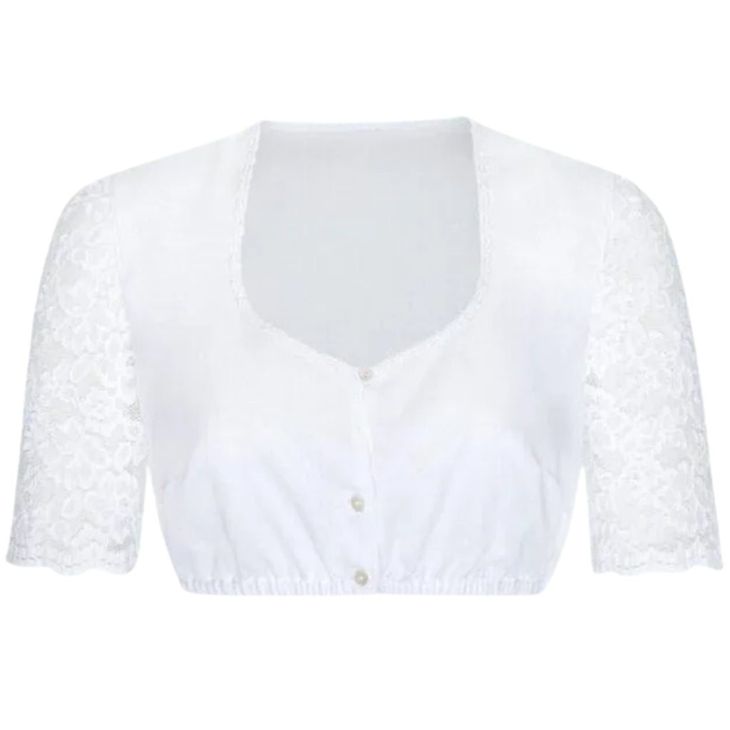 White Dirndl Blouse, Lace Sleeves, Pearl Buttons