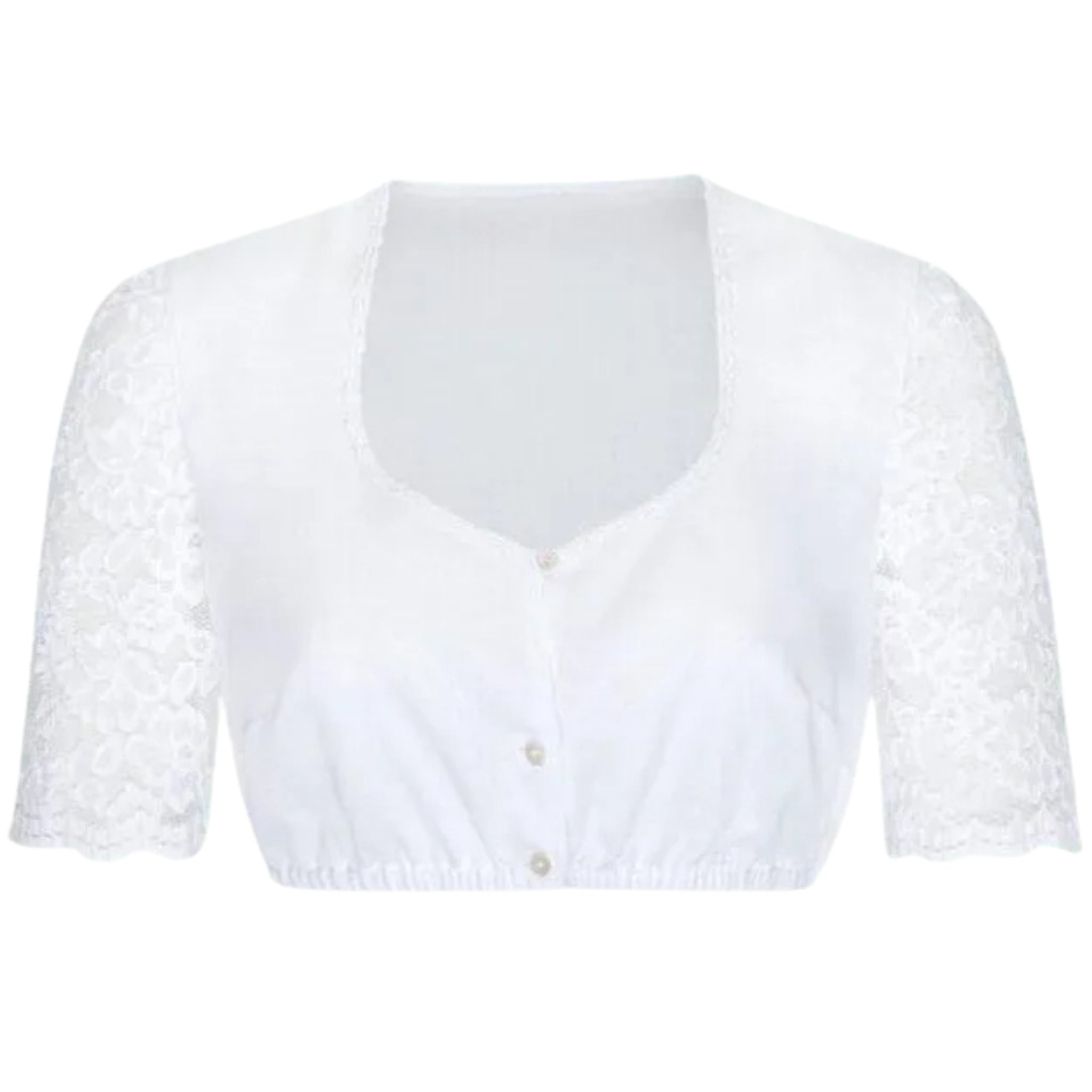 White Dirndl Blouse, Lace Sleeves, Pearl Buttons