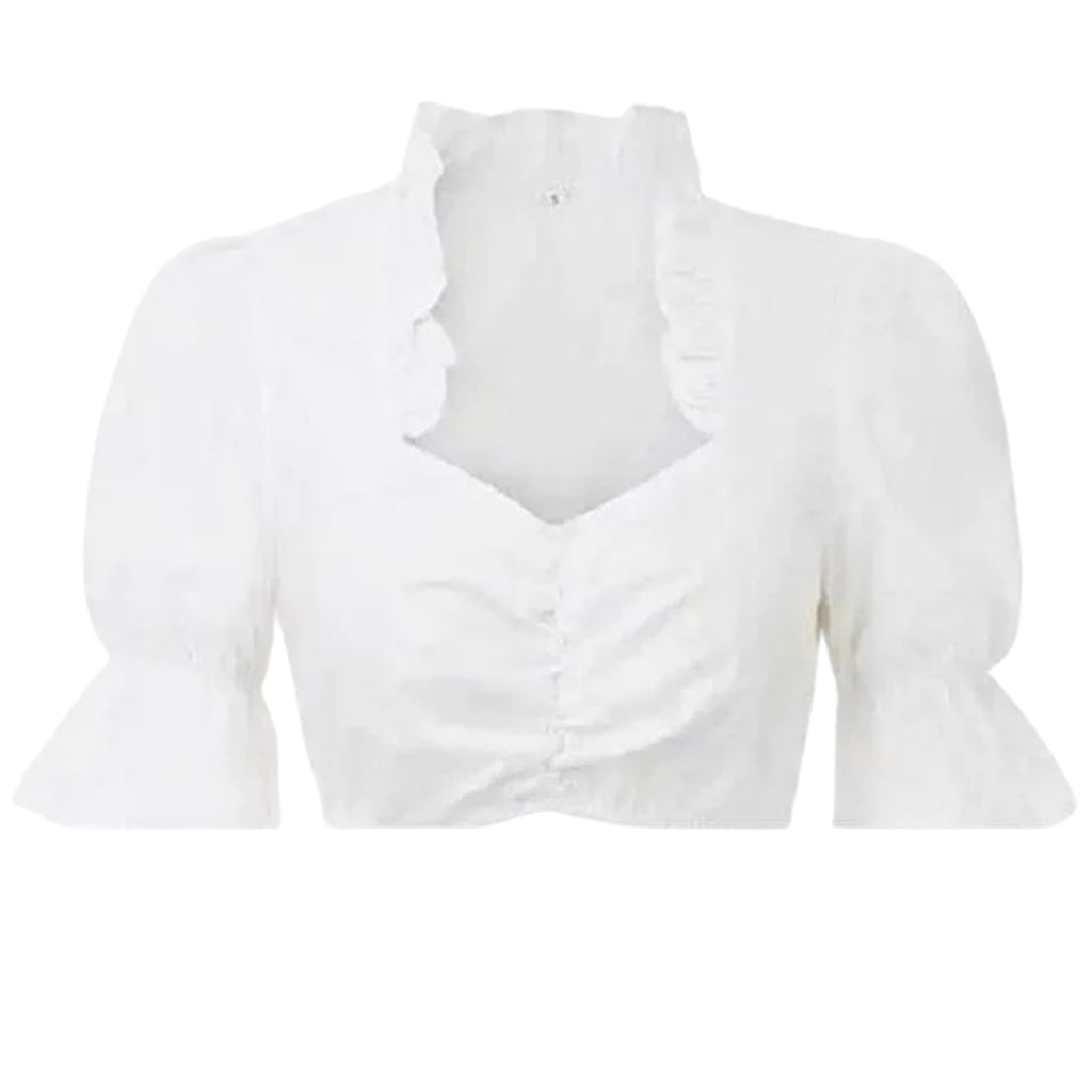 White Dirndl Blouse with Ruffle Trim & Bell Sleeves