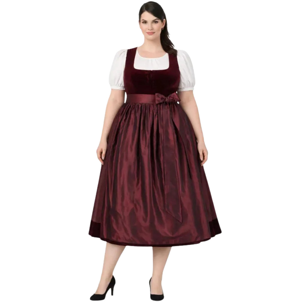 Burgundy Velvet Plus Size Dirndl Dress with Bow