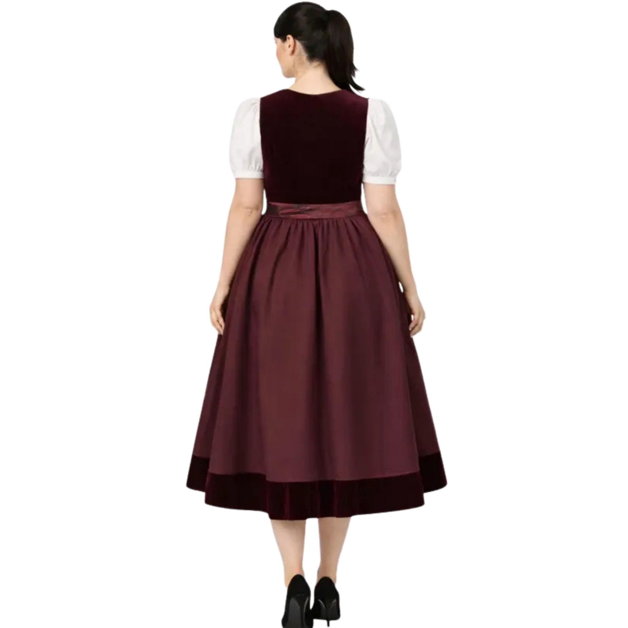 Burgundy Velvet Plus Size Dirndl Dress with Bow
