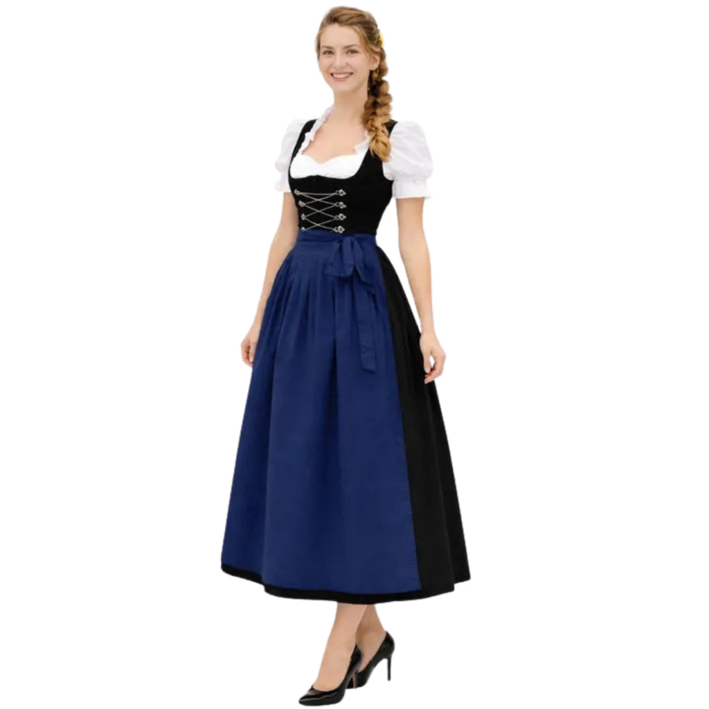 Black Dirndl Dress with Lace-Up Bodice and Navy Apron