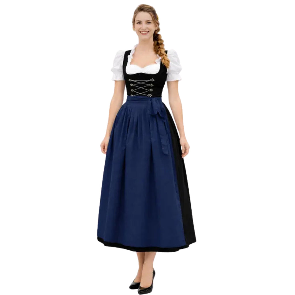 Black Dirndl Dress with Lace-Up Bodice and Navy Apron