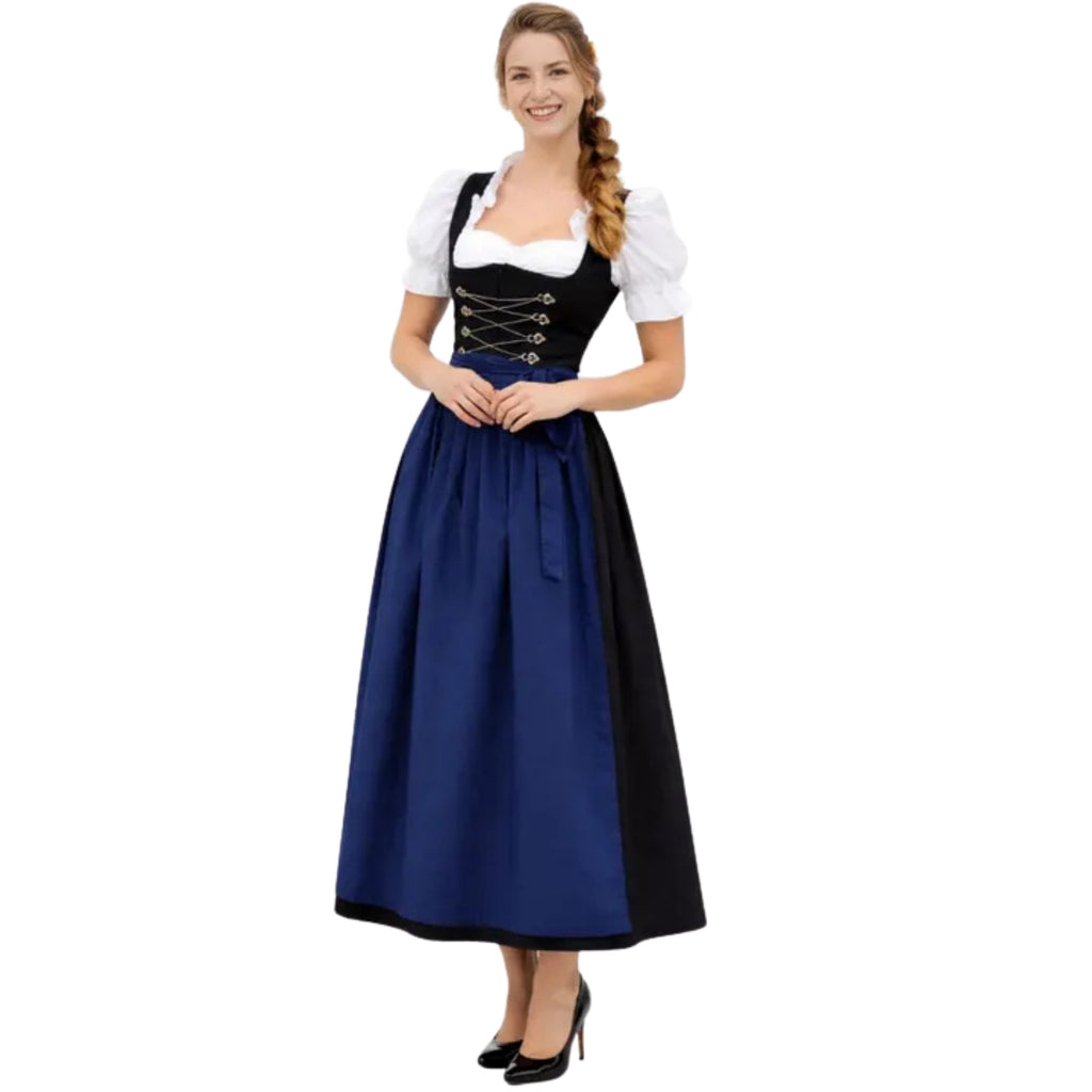 Black Dirndl Dress with Lace-Up Bodice and Navy Apron