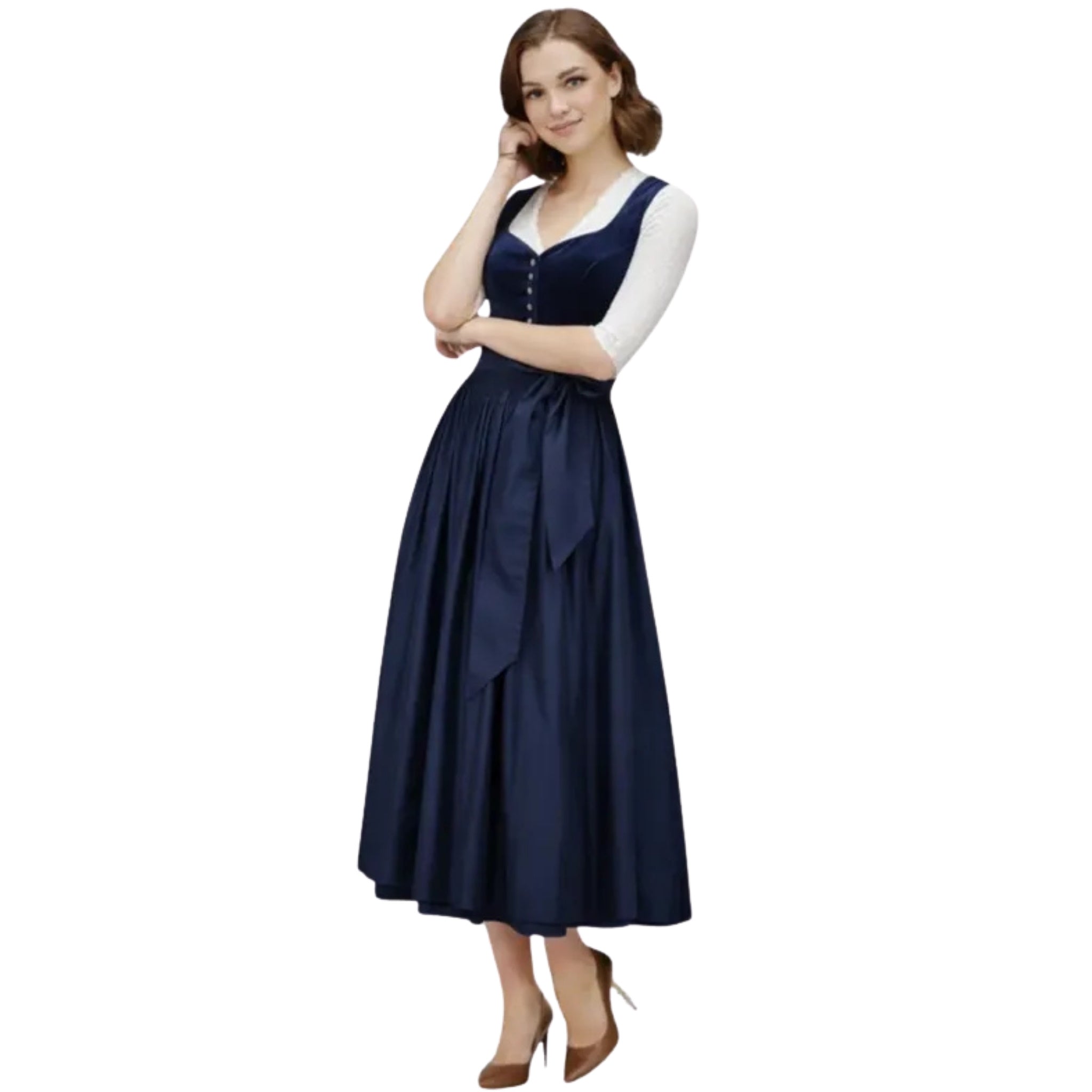 Navy Velvet Dirndl Dress with Button Front and Bow