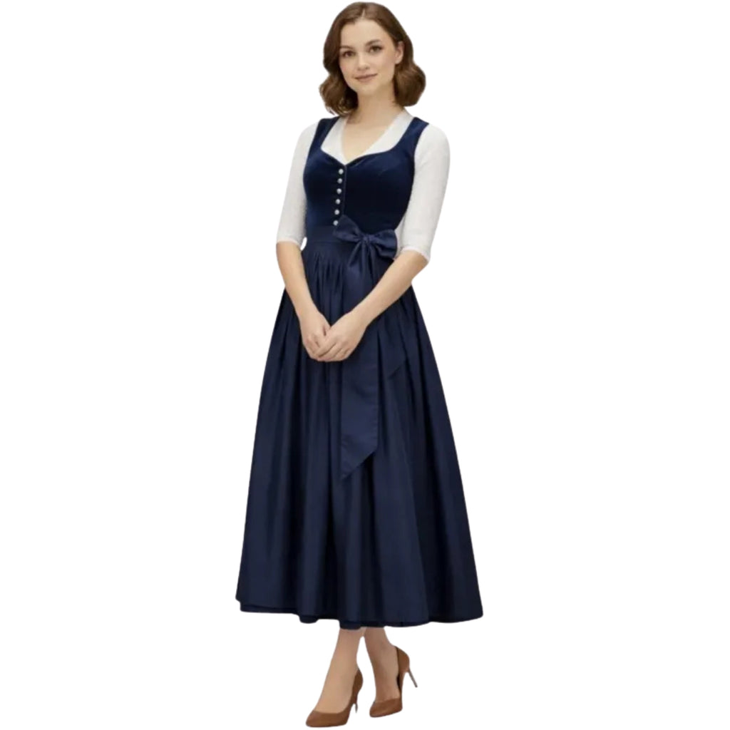 Navy Velvet Dirndl Dress with Button Front and Bow