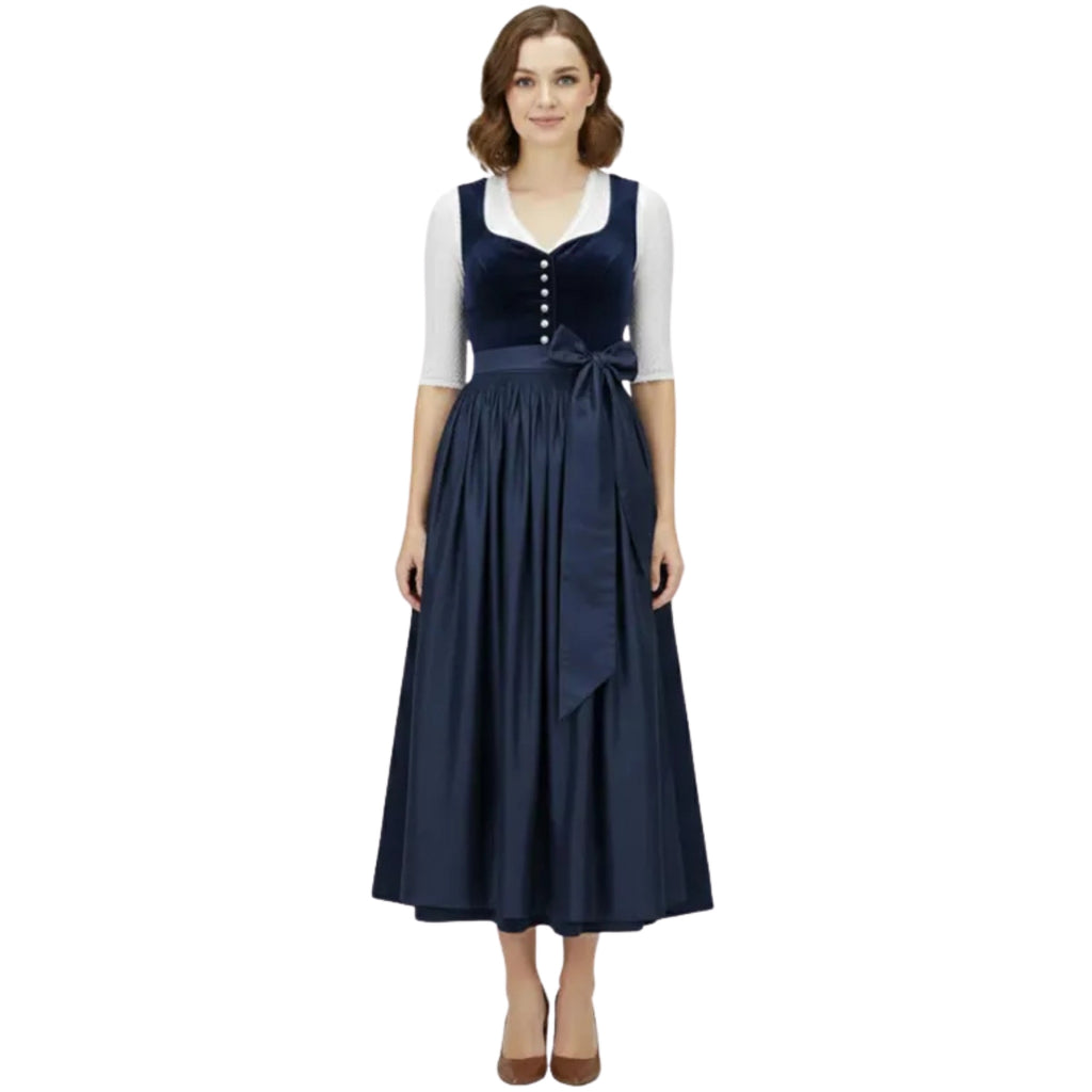 Navy Velvet Dirndl Dress with Button Front and Bow