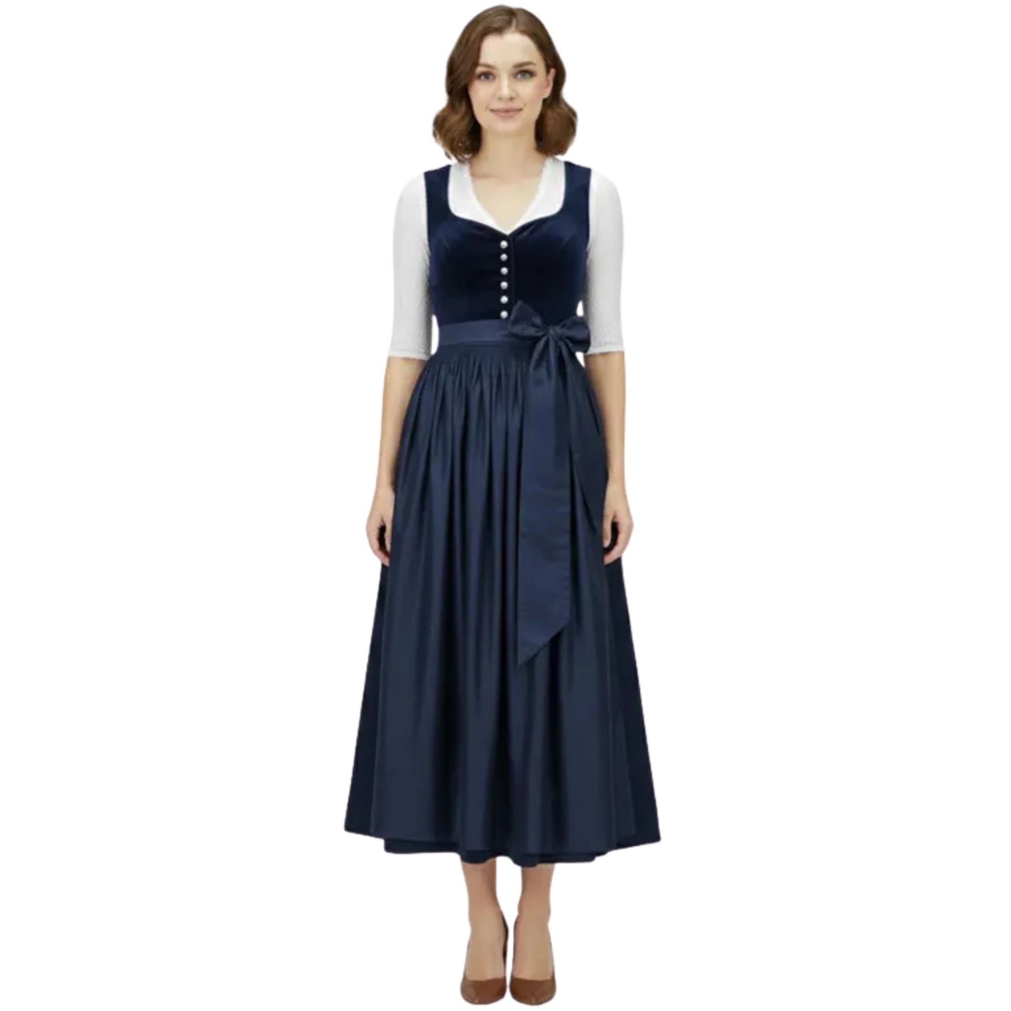 Navy Velvet Dirndl Dress with Button Front and Bow