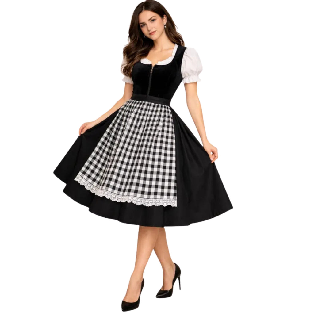 Black Velvet Dirndl Dress with Gingham Apron