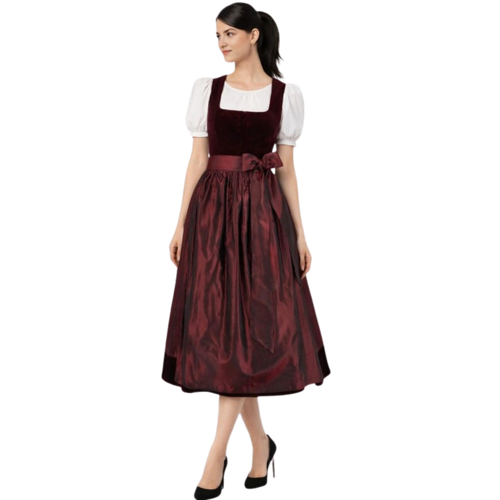 Burgundy Velvet Dirndl Dress with Taffeta Skirt
