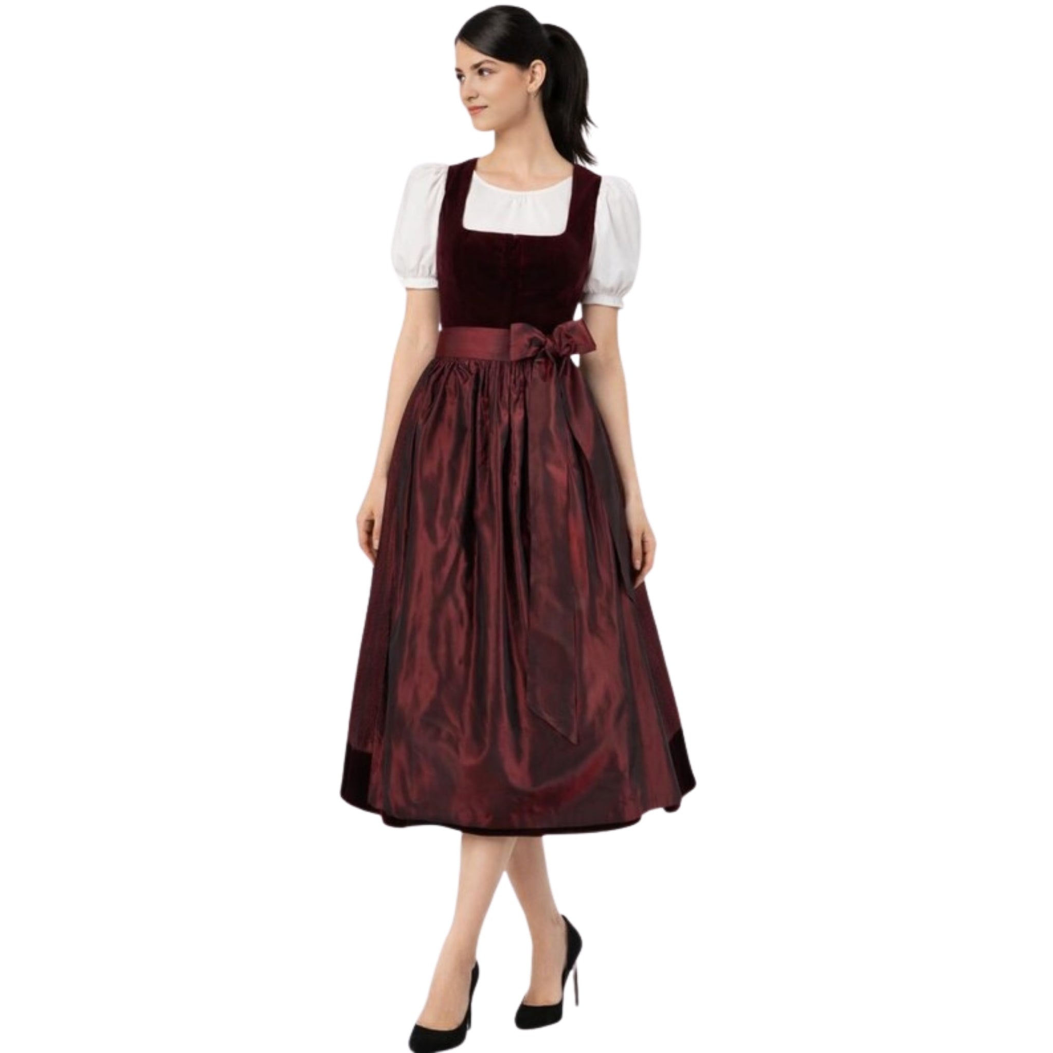 Burgundy Velvet Dirndl Dress with Taffeta Skirt