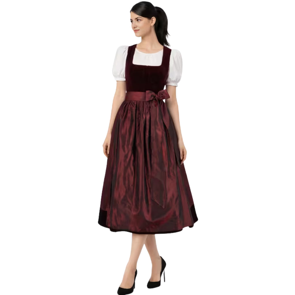 Burgundy Velvet Dirndl Dress with Taffeta Skirt