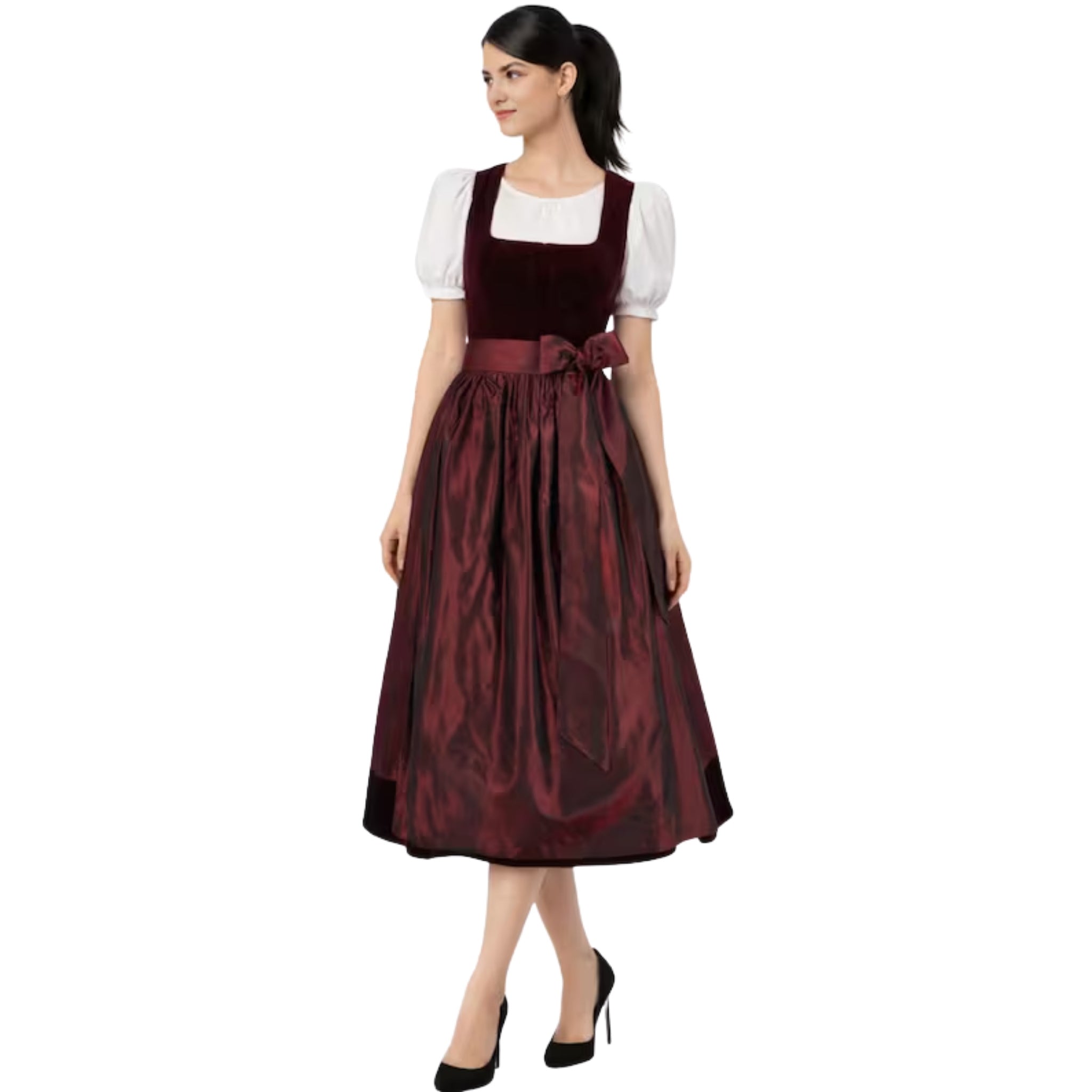 Burgundy Velvet Dirndl Dress with Taffeta Skirt