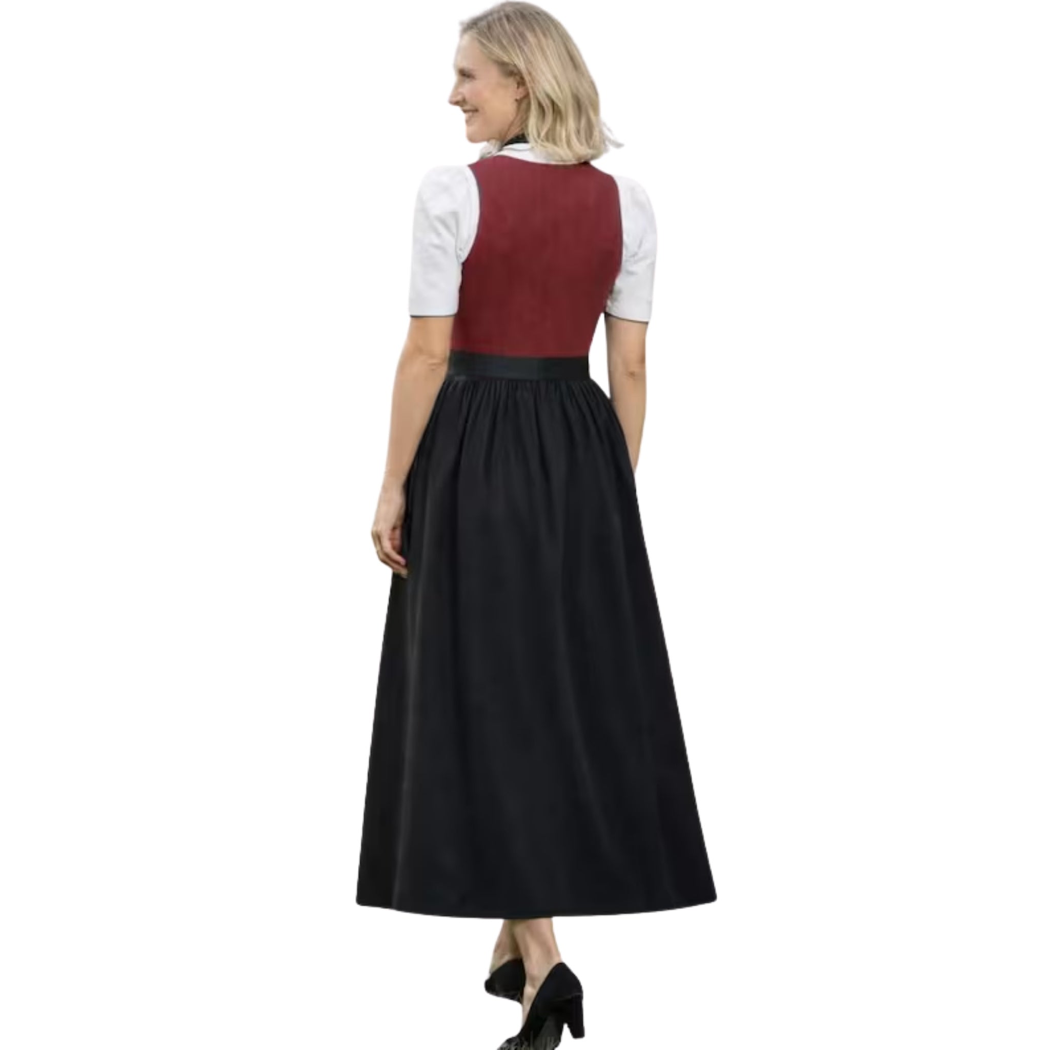 Burgundy Dirndl Dress with Black Skirt & Apron