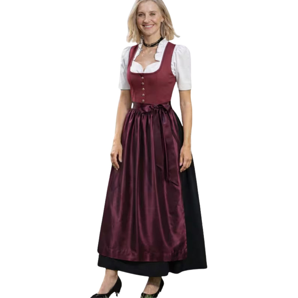 Burgundy Dirndl Dress with Black Skirt & Apron