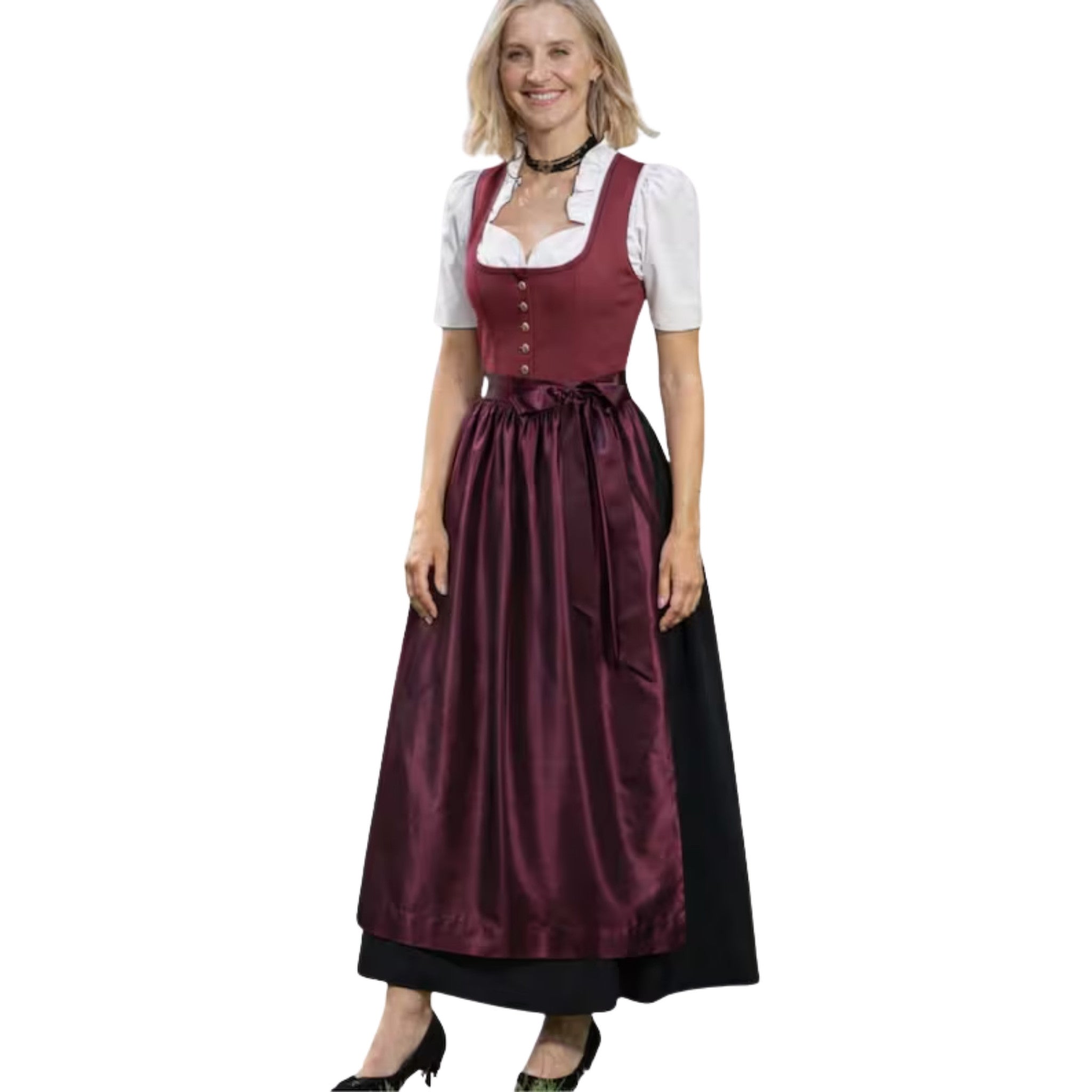Burgundy Dirndl Dress with Black Skirt & Apron