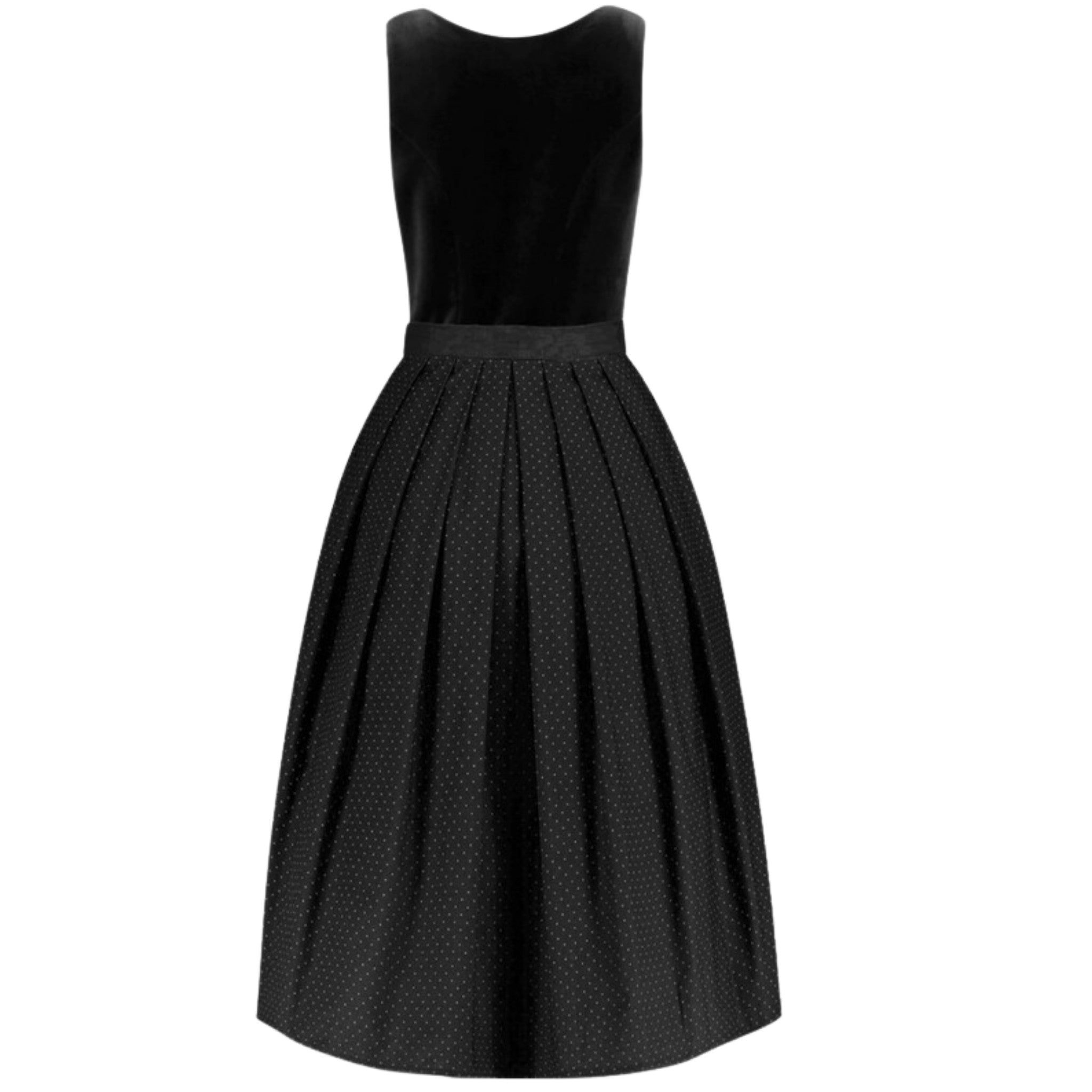 Black Velvet Dirndl Dress with Pin Dot Skirt