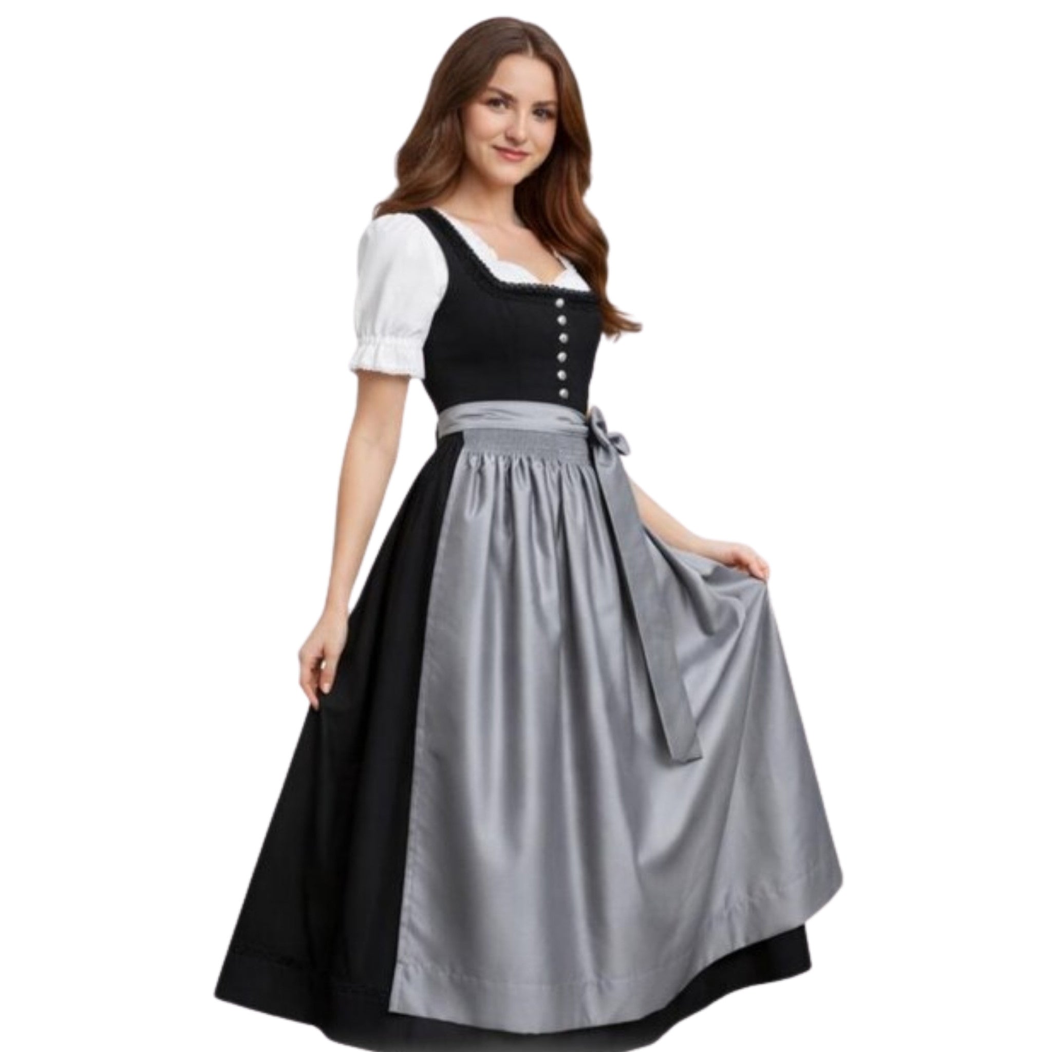 Black Dirndl Dress with Grey Satin Apron Bow