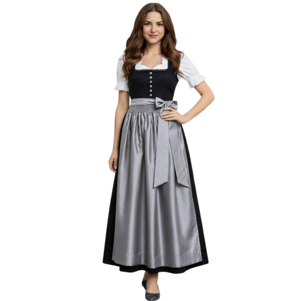 Black Dirndl Dress with Grey Satin Apron Bow