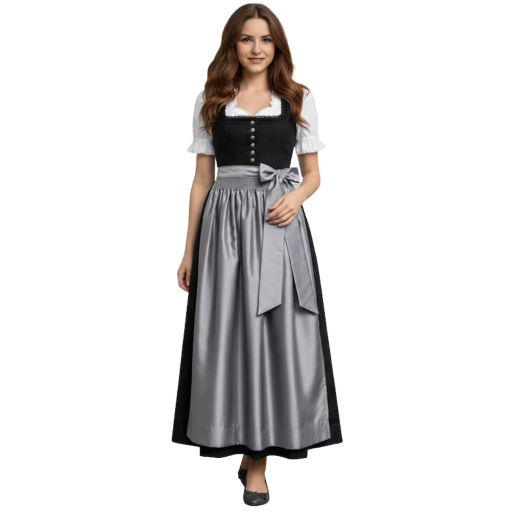 Black Dirndl Dress with Grey Satin Apron Bow