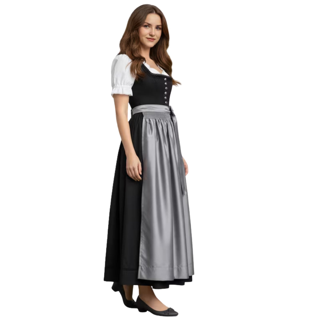 Black Dirndl Dress with Grey Satin Apron Bow