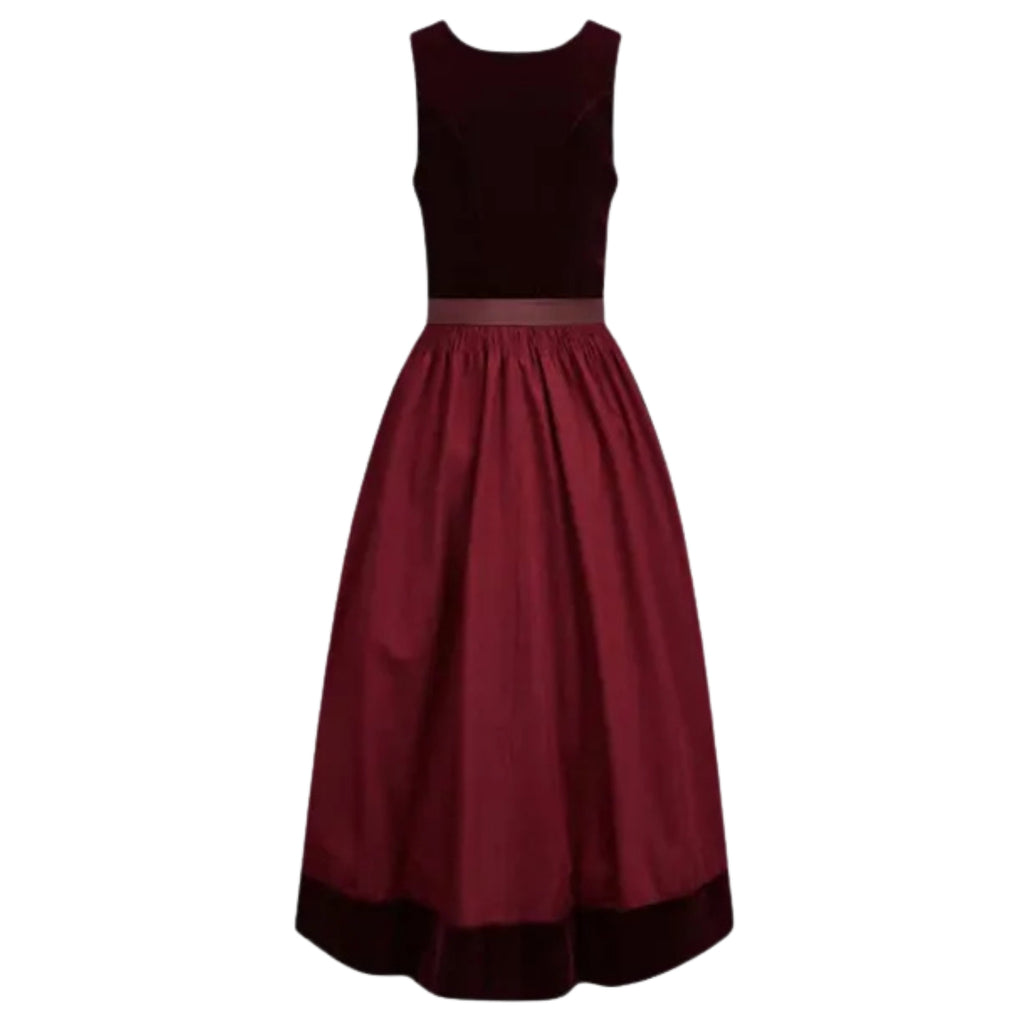 Wine Velvet Dirndl Dress with Satin Skirt
