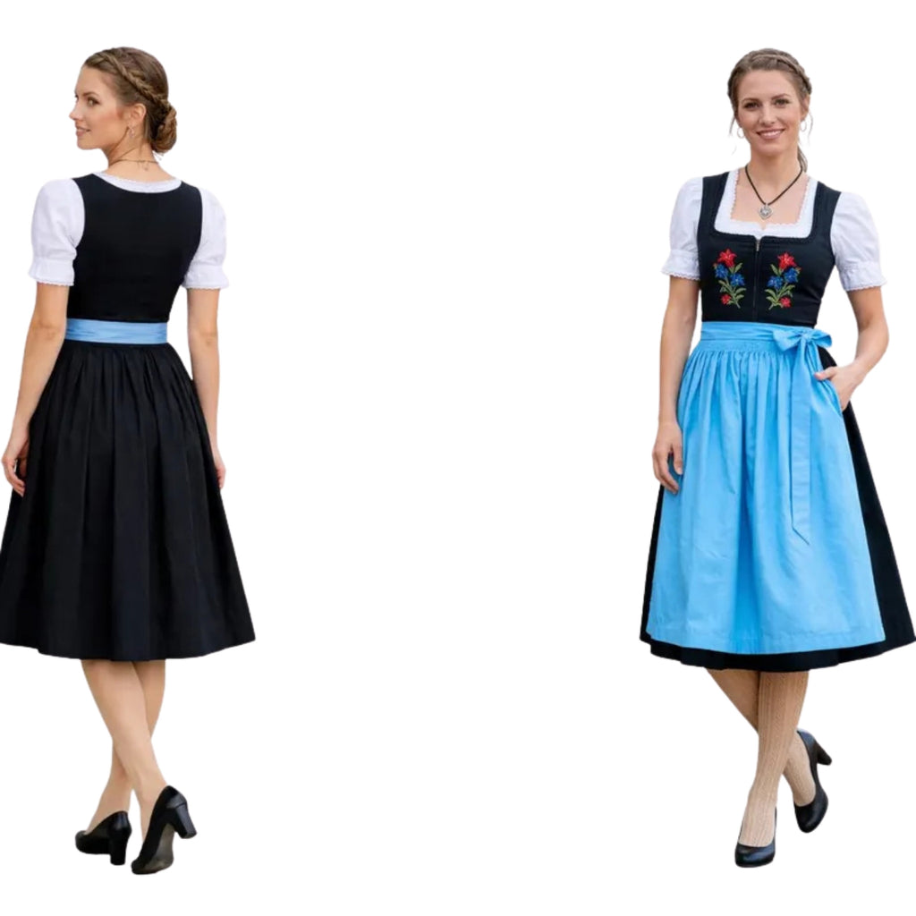 Black Floral Dirndl Dress with Sky Blue Apron