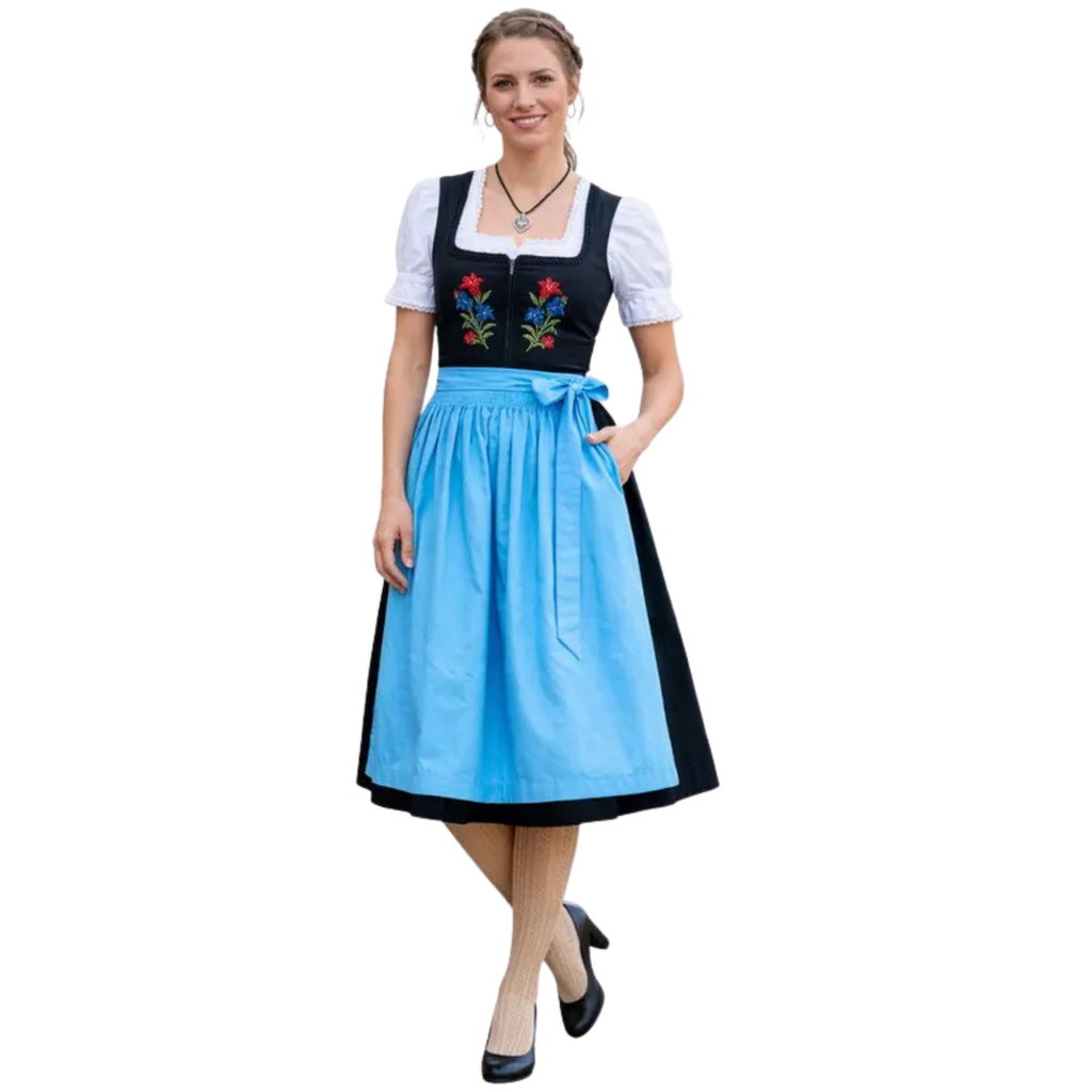 Black Floral Dirndl Dress with Sky Blue Apron