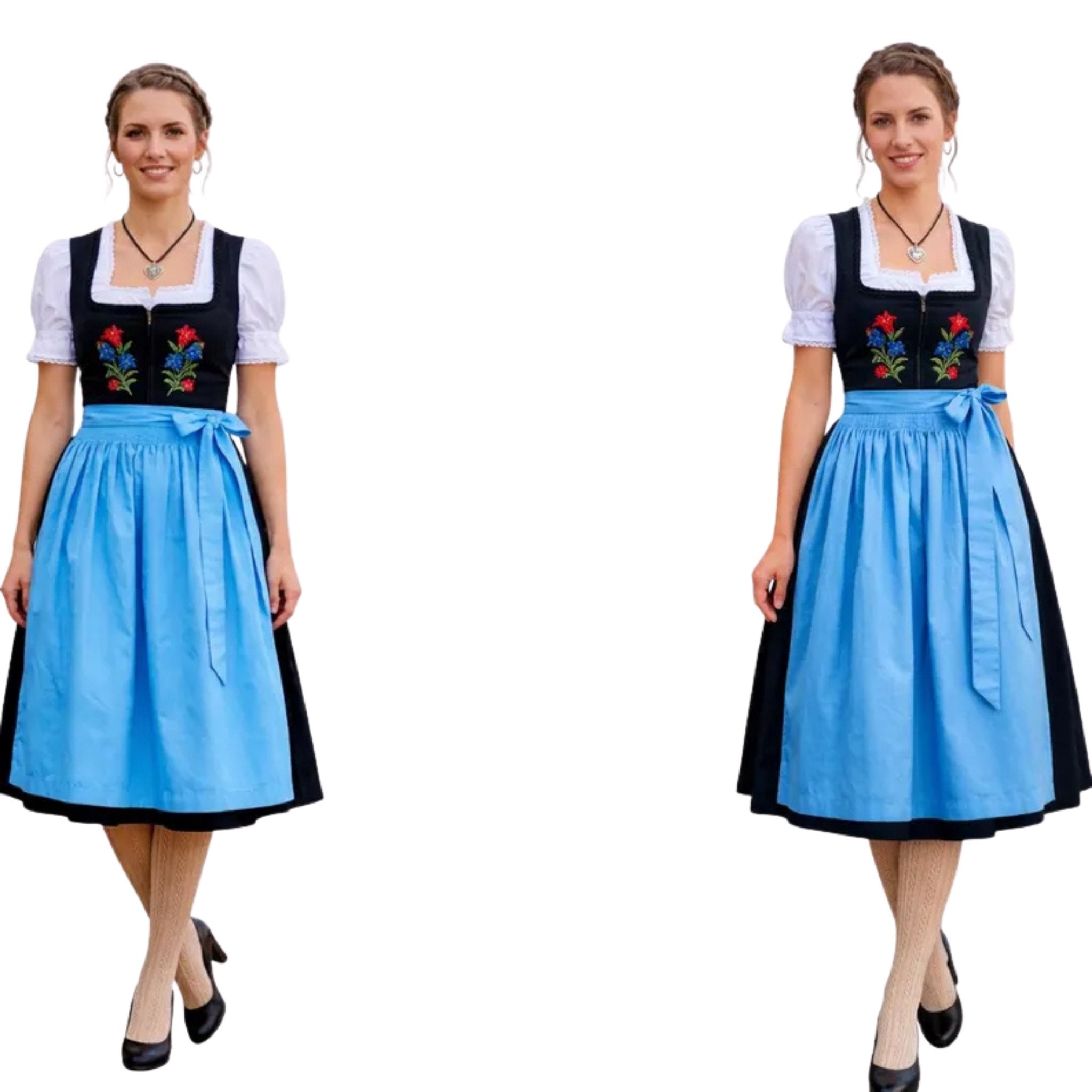 Black Floral Dirndl Dress with Sky Blue Apron
