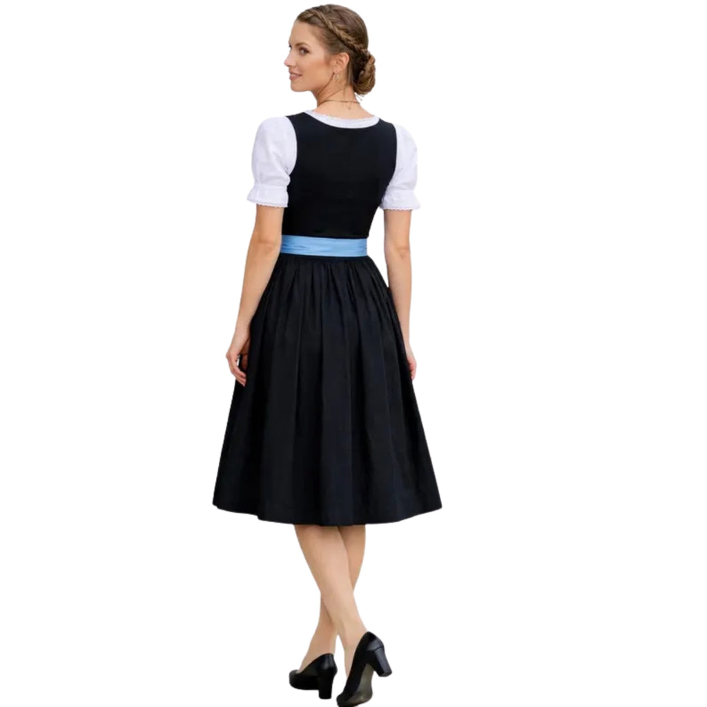 Black Floral Dirndl Dress with Sky Blue Apron