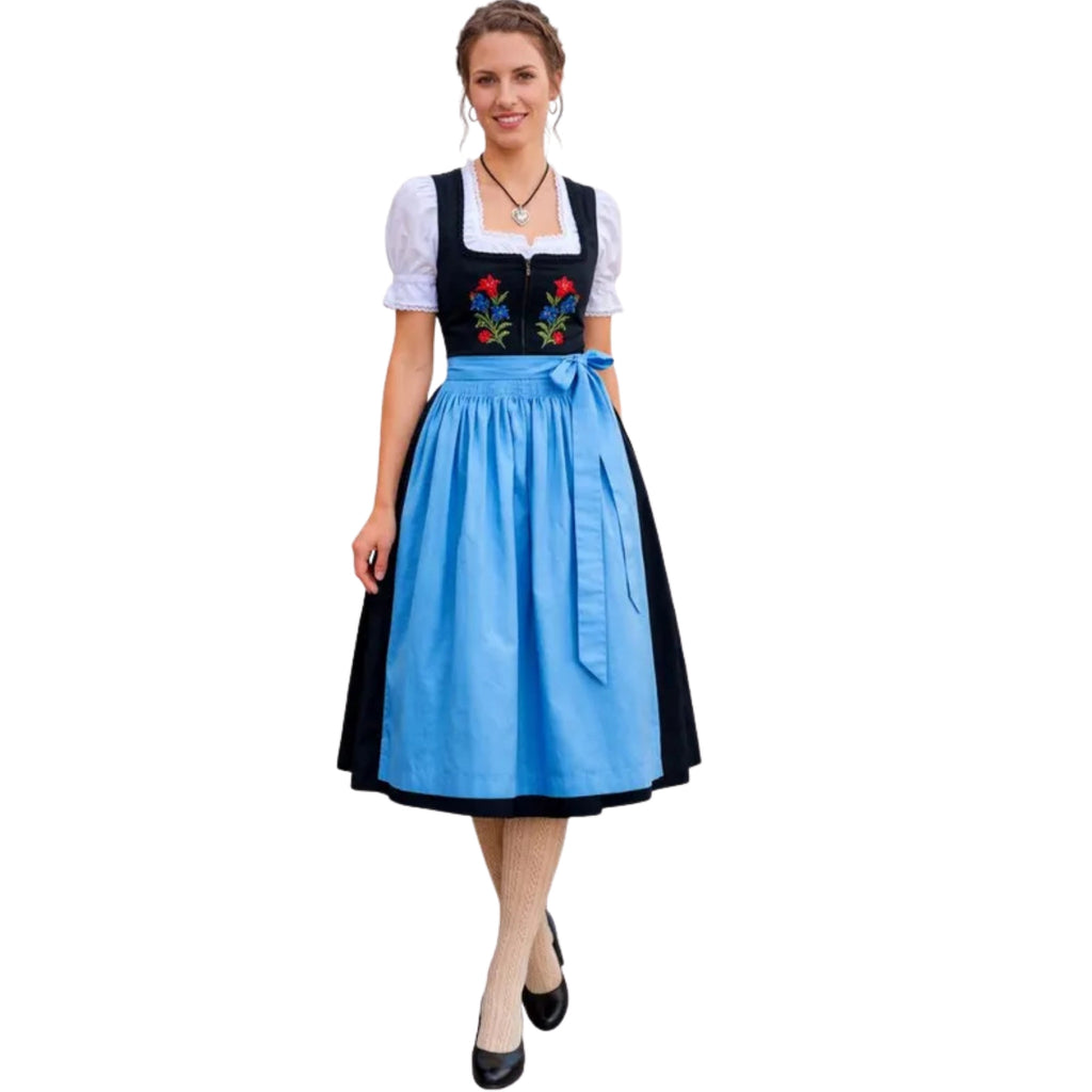 Black Floral Dirndl Dress with Sky Blue Apron