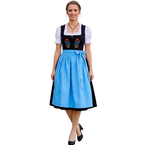 Black Floral Dirndl Dress with Sky Blue Apron