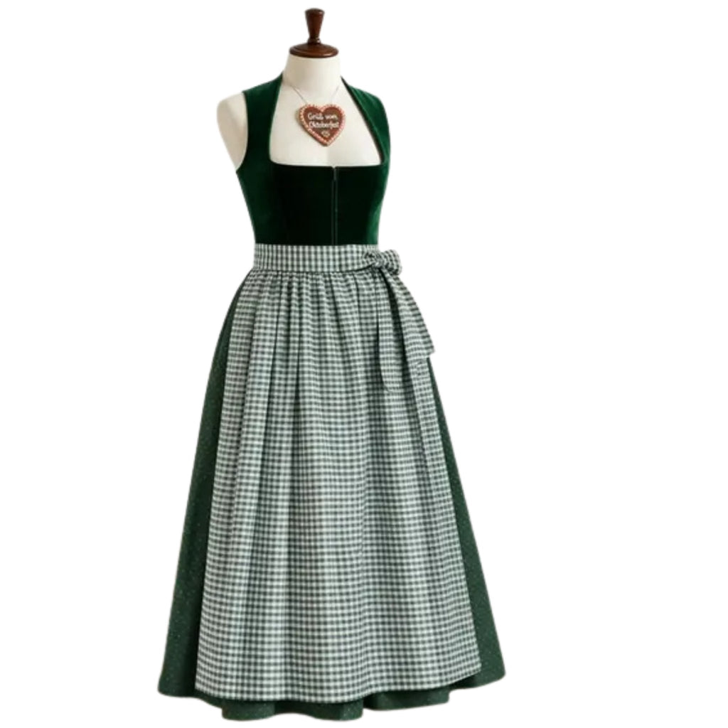 Green Velvet Halter Dirndl Dress with Gingham