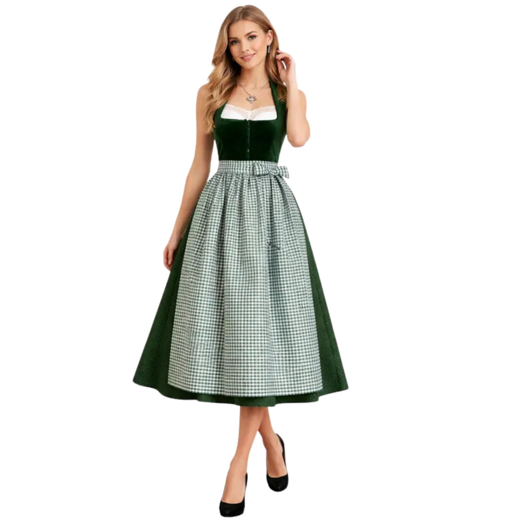 Green Velvet Halter Dirndl Dress with Gingham