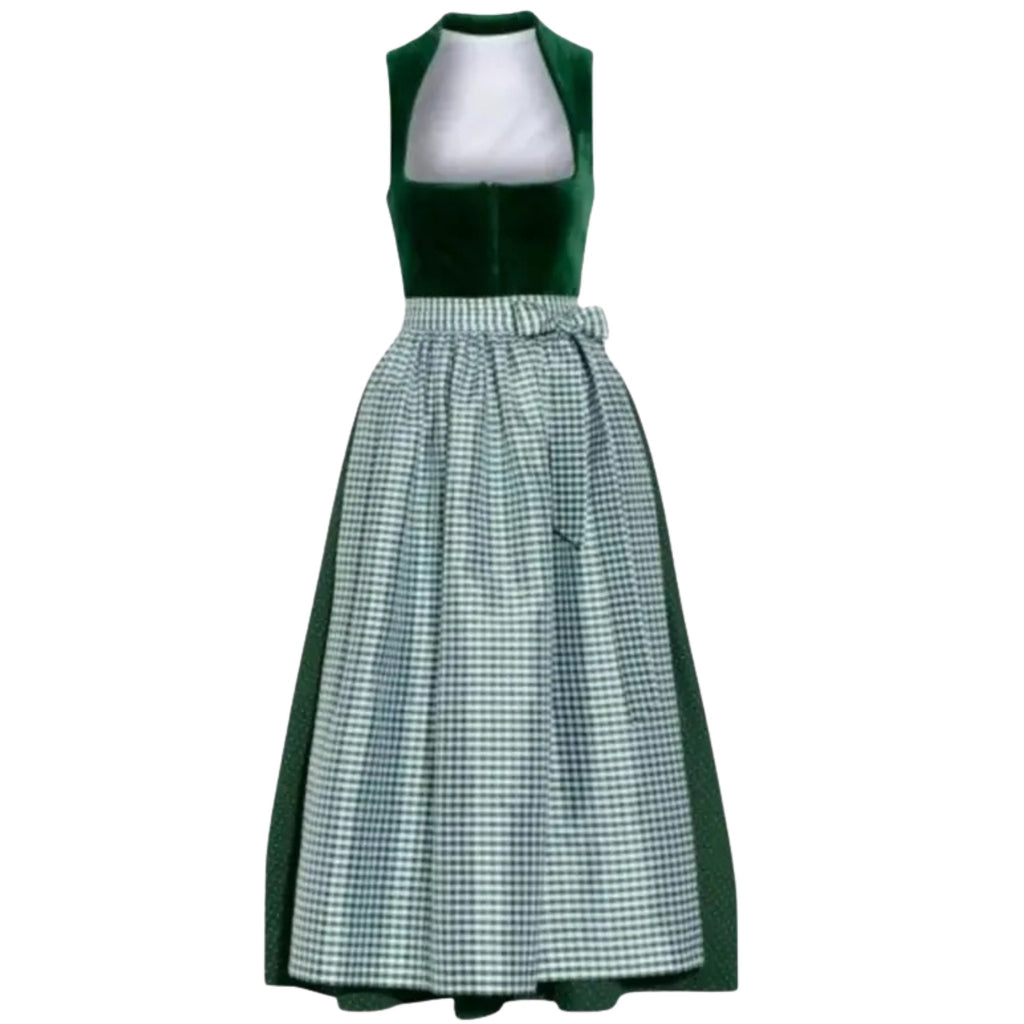 Green Velvet Halter Dirndl Dress with Gingham