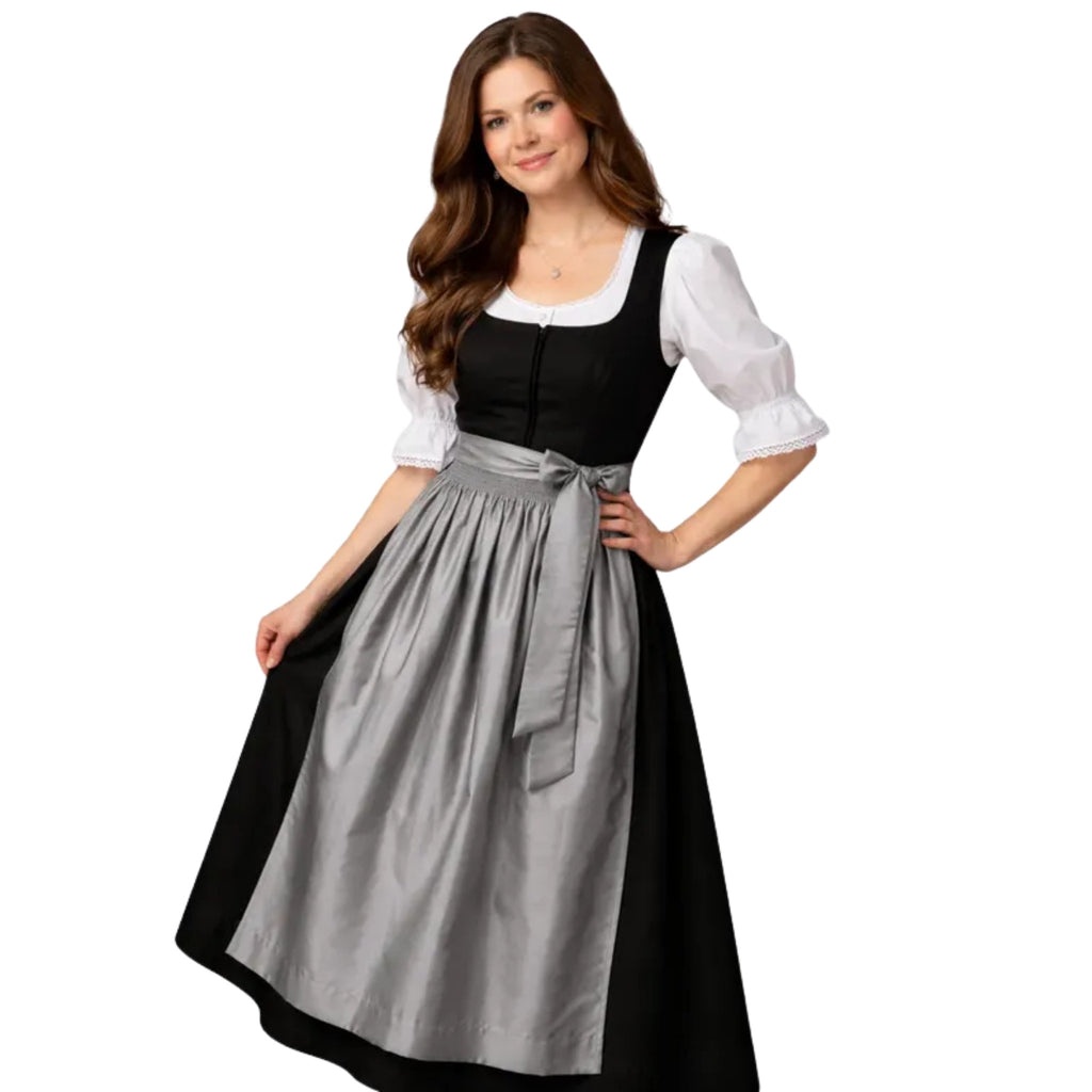 Black Dirndl Dress with Grey Satin Apron & Zip