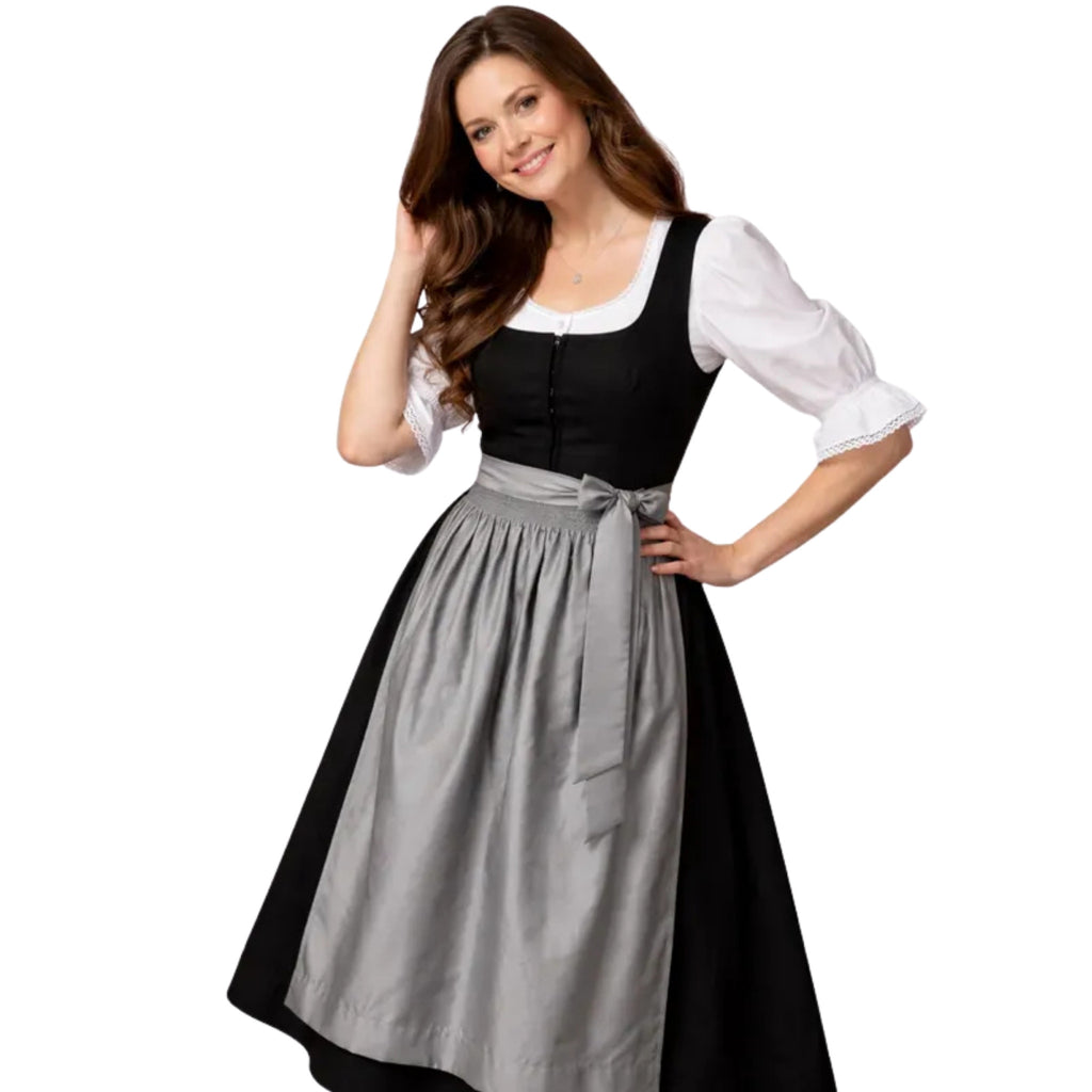 Black Dirndl Dress with Grey Satin Apron & Zip