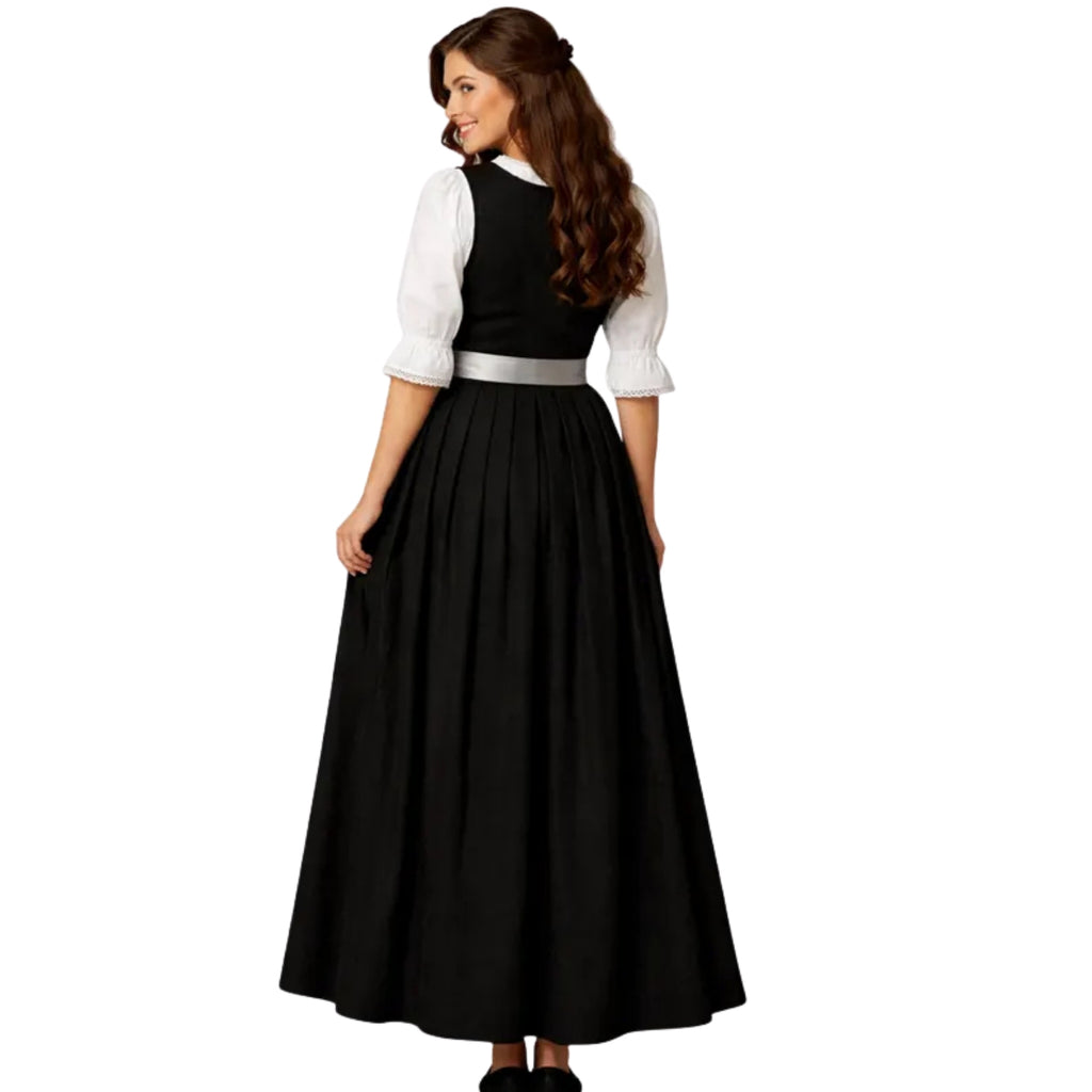 Black Dirndl Dress with Grey Satin Apron & Zip
