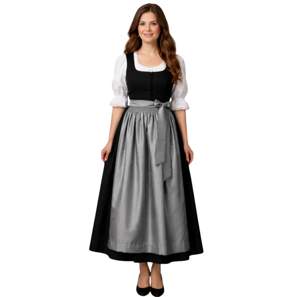 Black Dirndl Dress with Grey Satin Apron & Zip