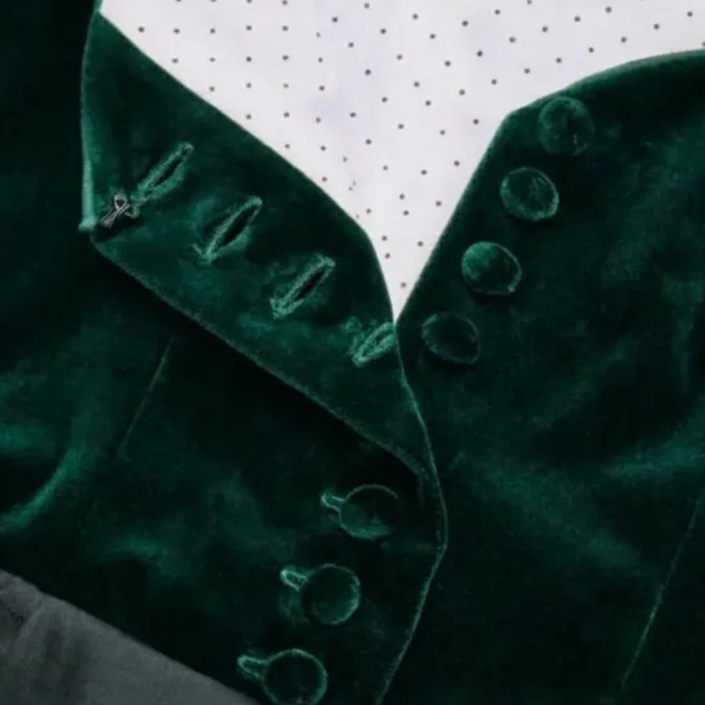 Green Velvet Midi Dress with Button Front and Bow