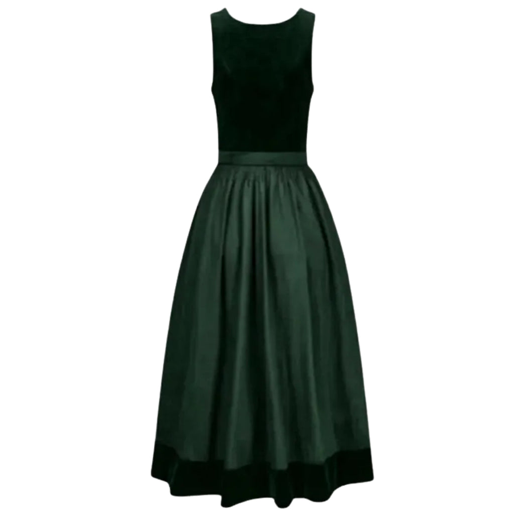 Green Velvet Midi Dress with Button Front and Bow