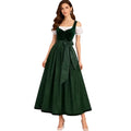 Green Velvet Midi Dress with Button Front and Bow