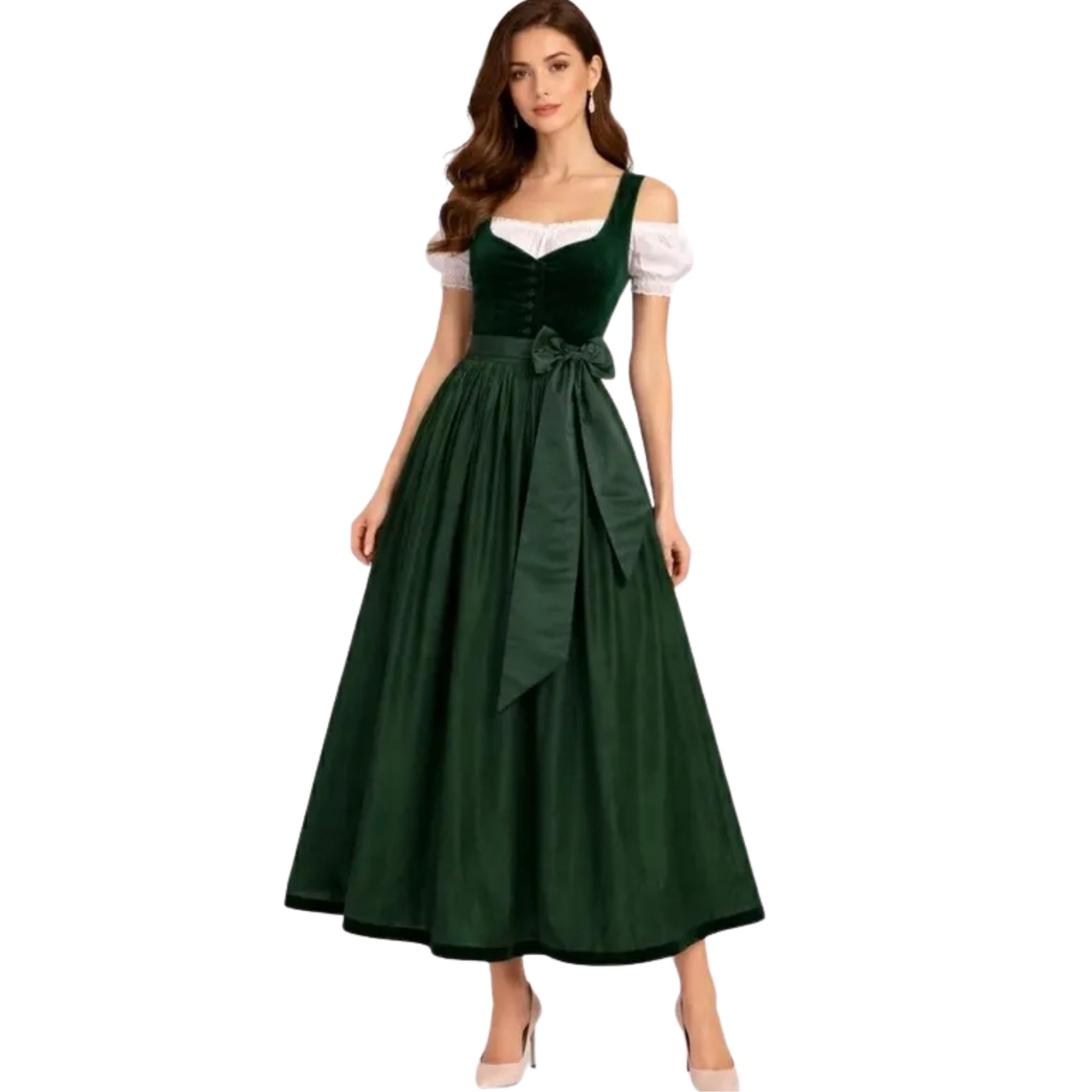 Green Velvet Midi Dress with Button Front and Bow