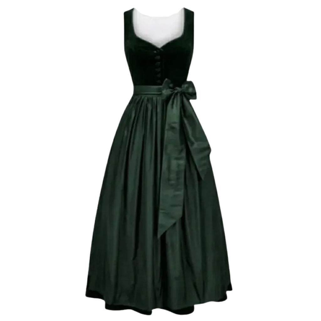 Green Velvet Midi Dress with Button Front and Bow