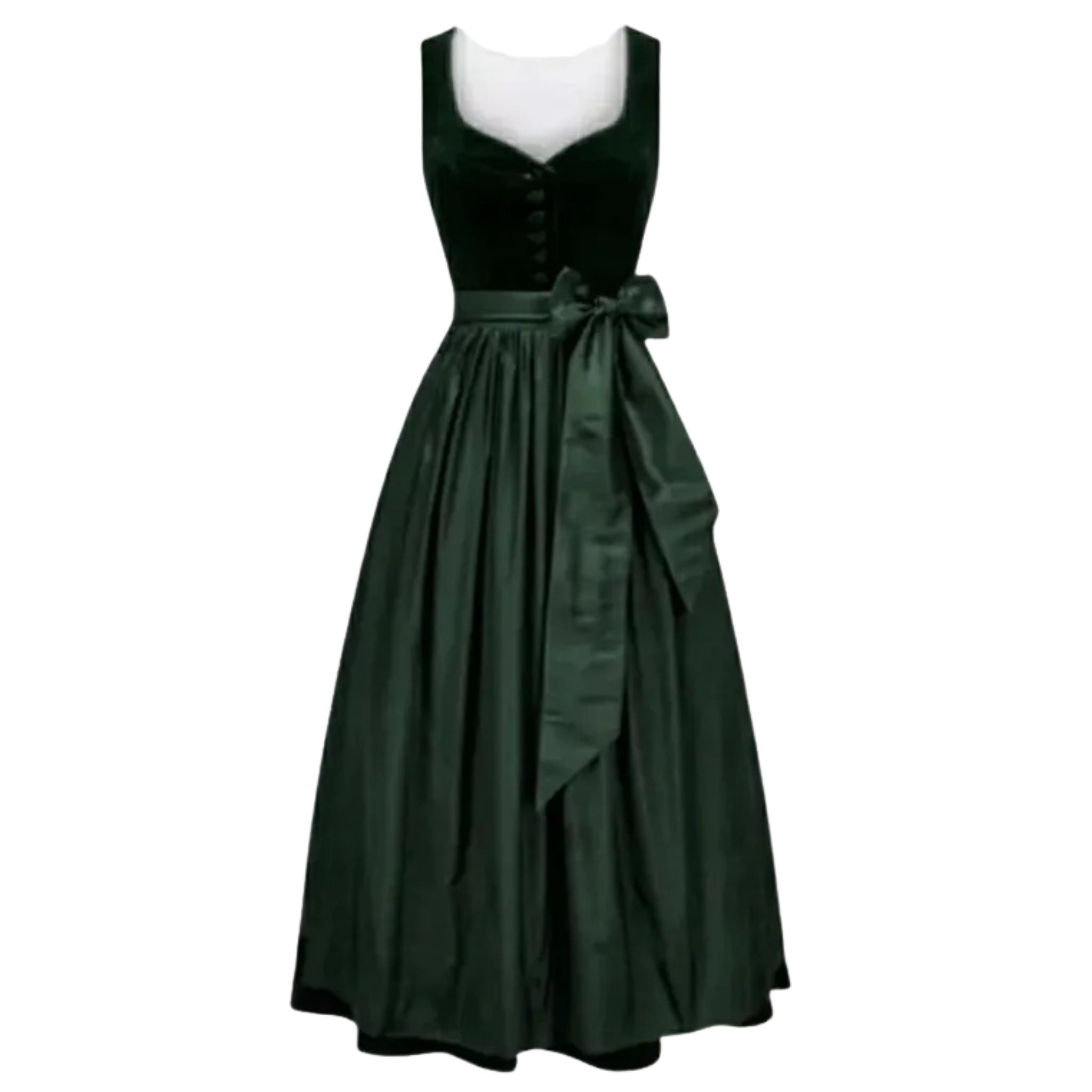 Green Velvet Midi Dress with Button Front and Bow