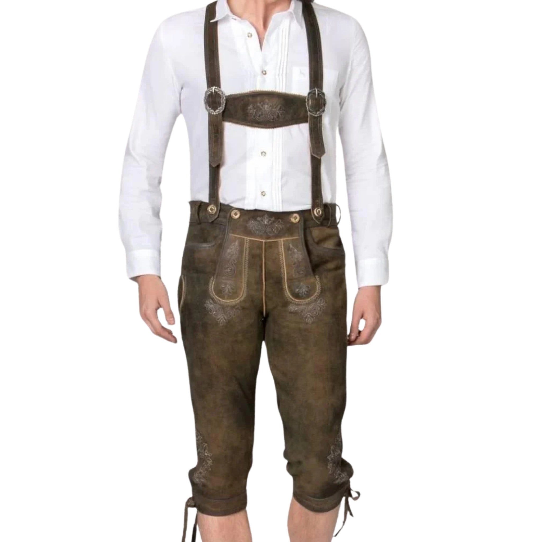 Olive Distressed Lederhosen with H-Back Straps